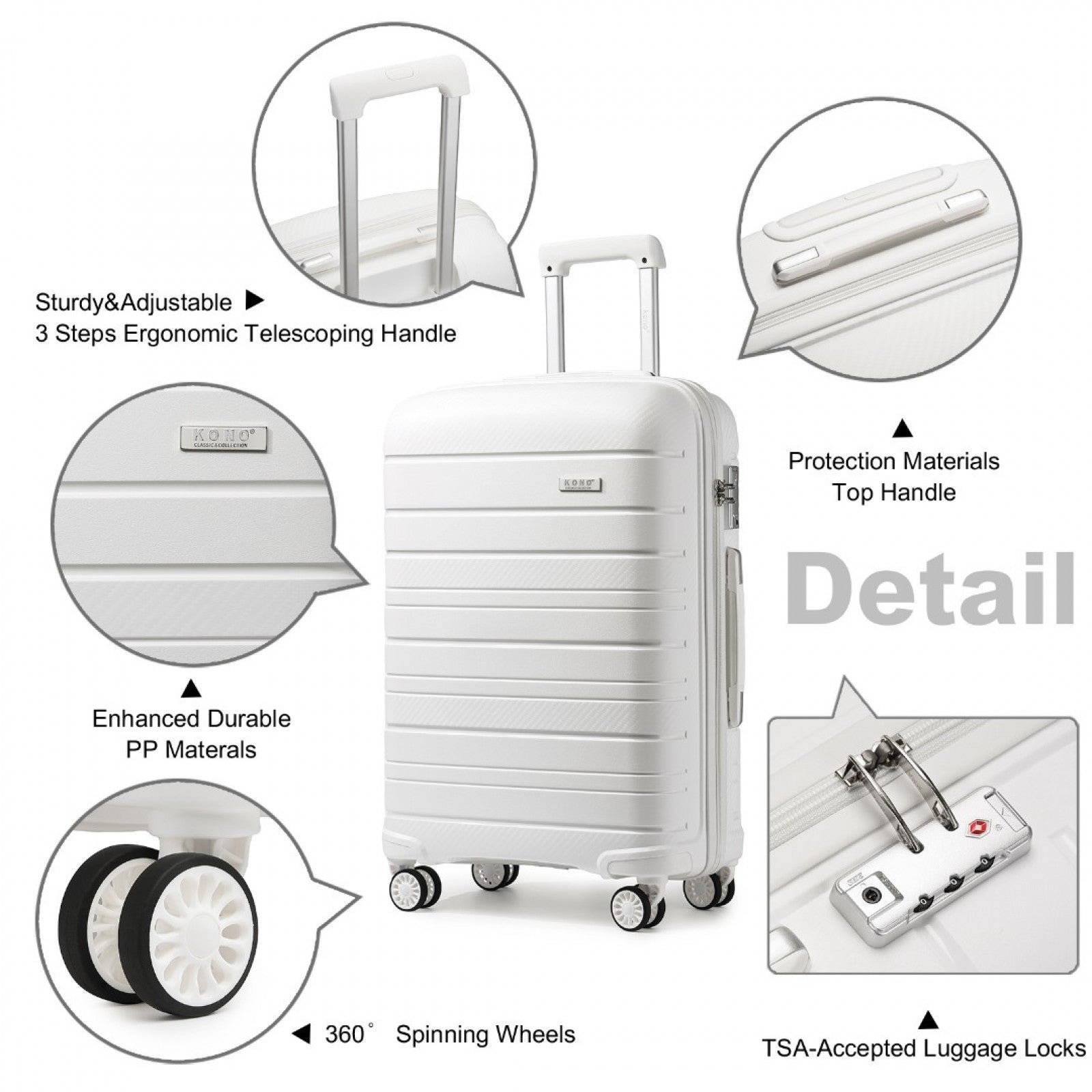 Kono Multi Texture Hard Shell PP Suitcase Classic Collection (K2091L) - White