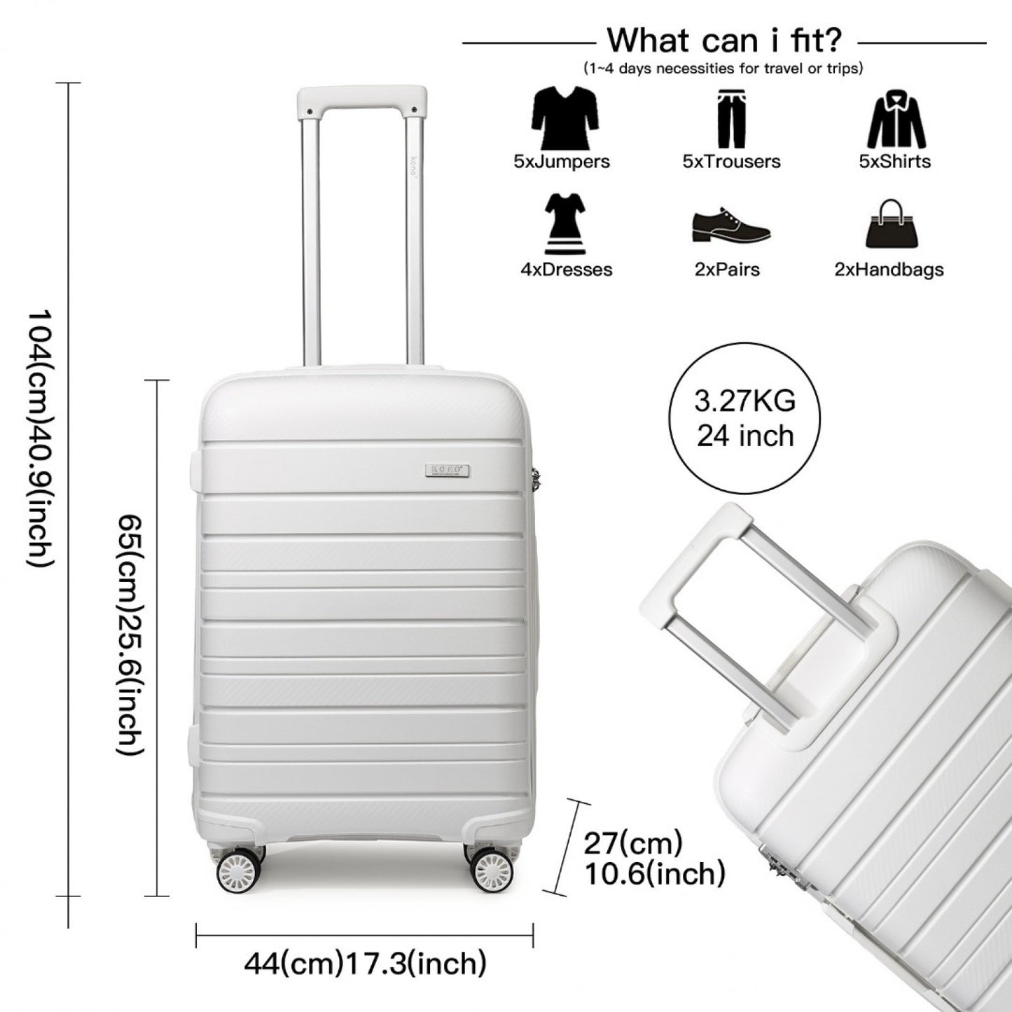 Kono Multi Texture Hard Shell PP Suitcase Classic Collection (K2091L) - White