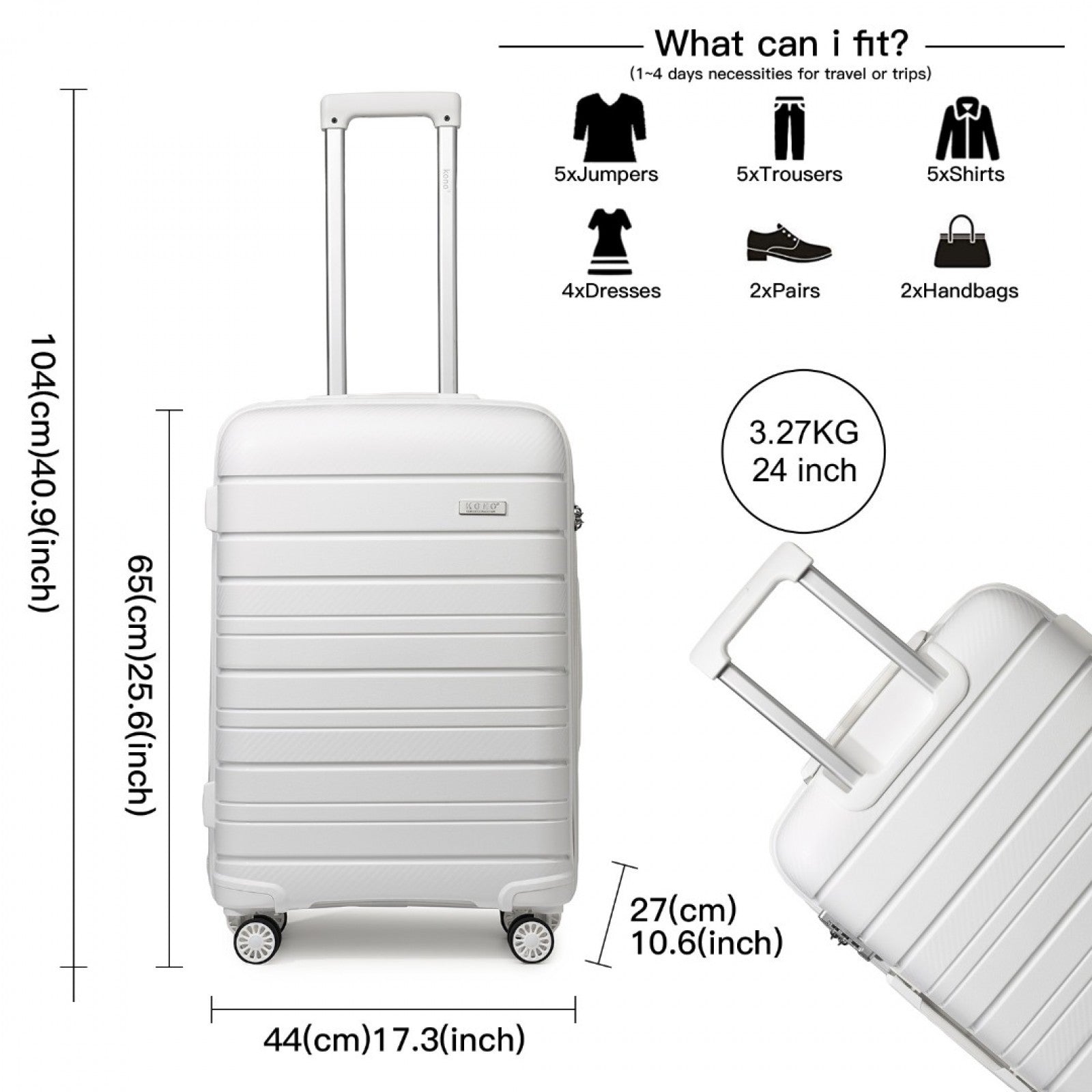 Kono Multi Texture Hard Shell PP Suitcase Classic Collection (K2091L) - White