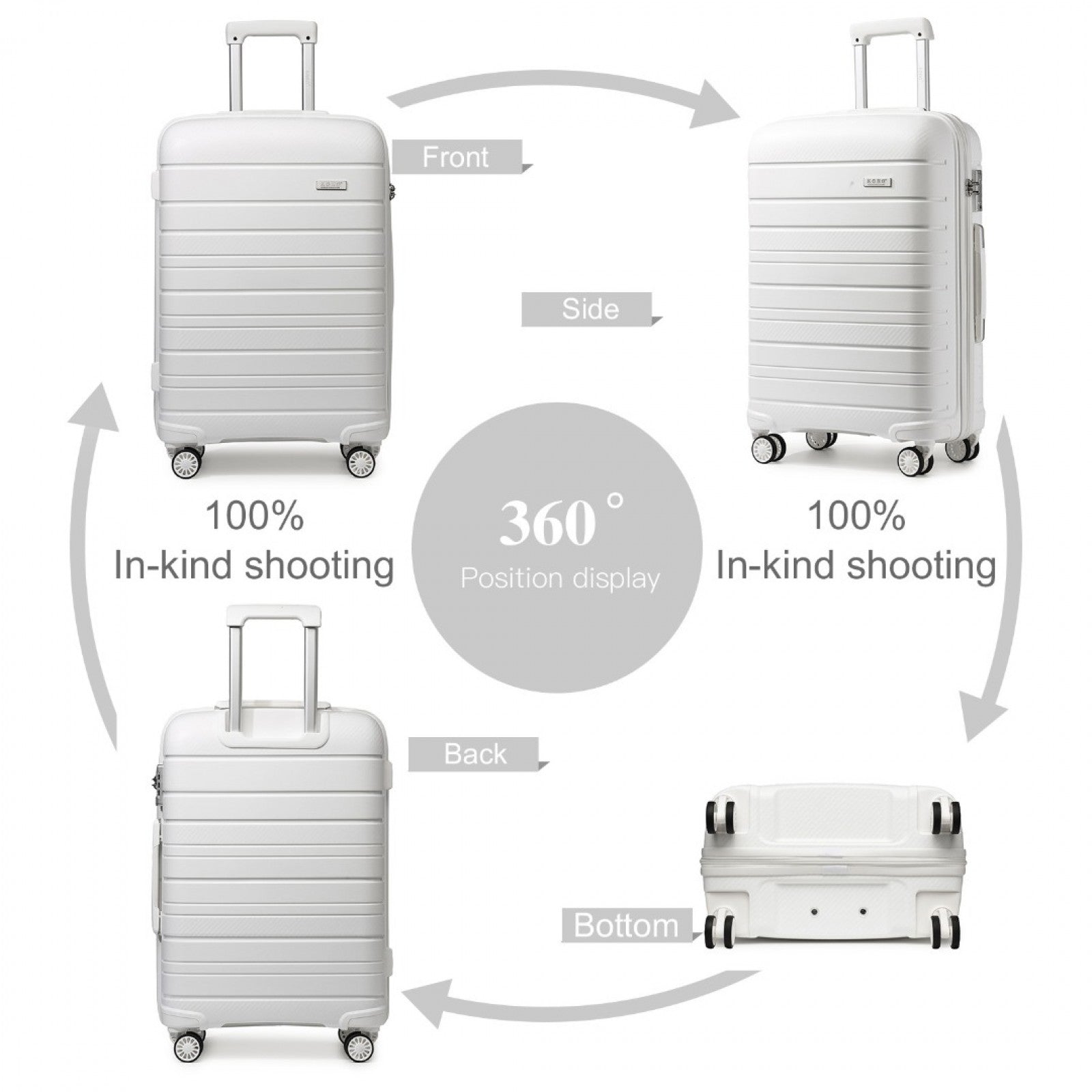 Kono Multi Texture Hard Shell PP Suitcase With TSA Lock And Vanity Case 4 Pieces Set - Classic Collection (K2091L) - White