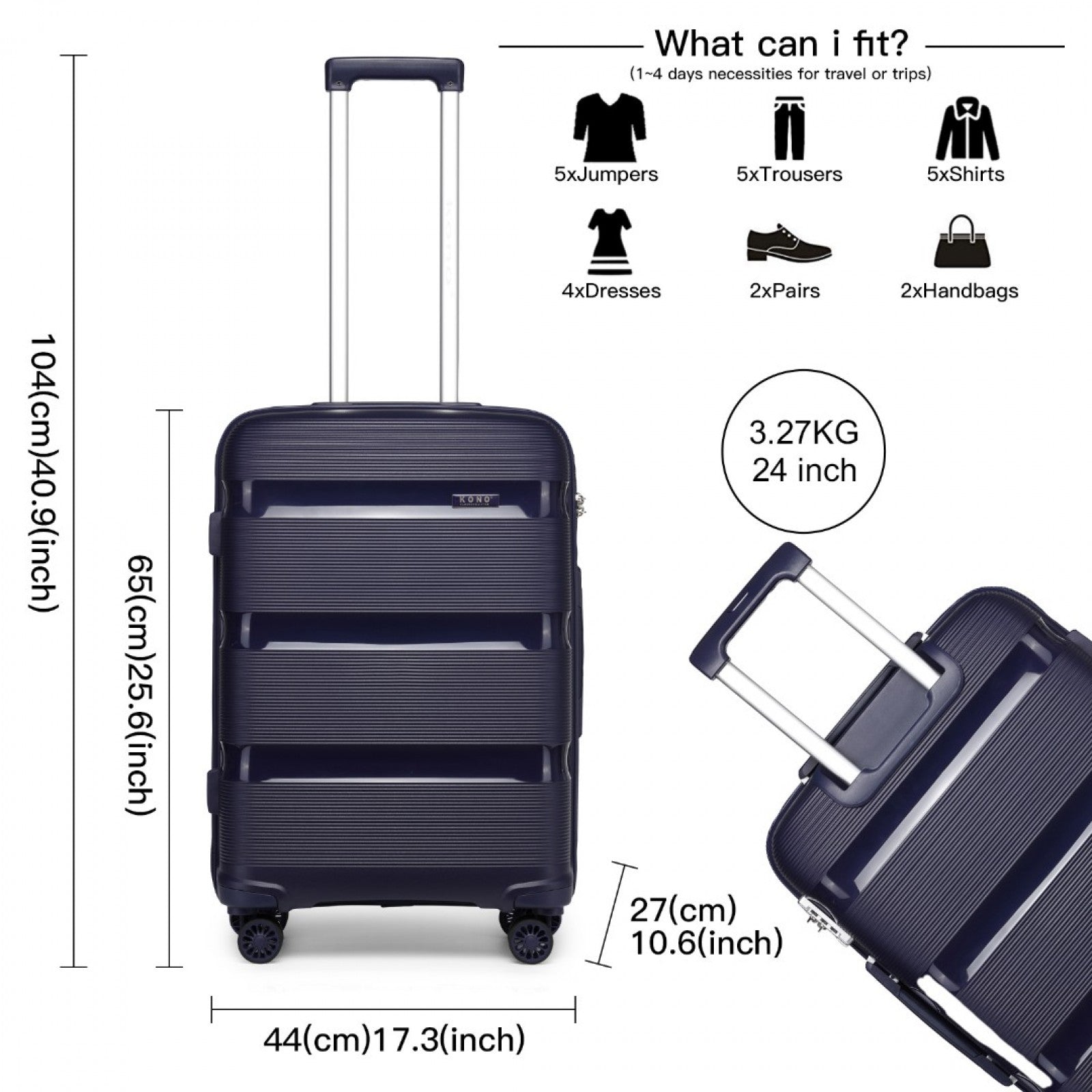 Kono Bright Hard Shell PP Suitcase In (K2092L) - Navy