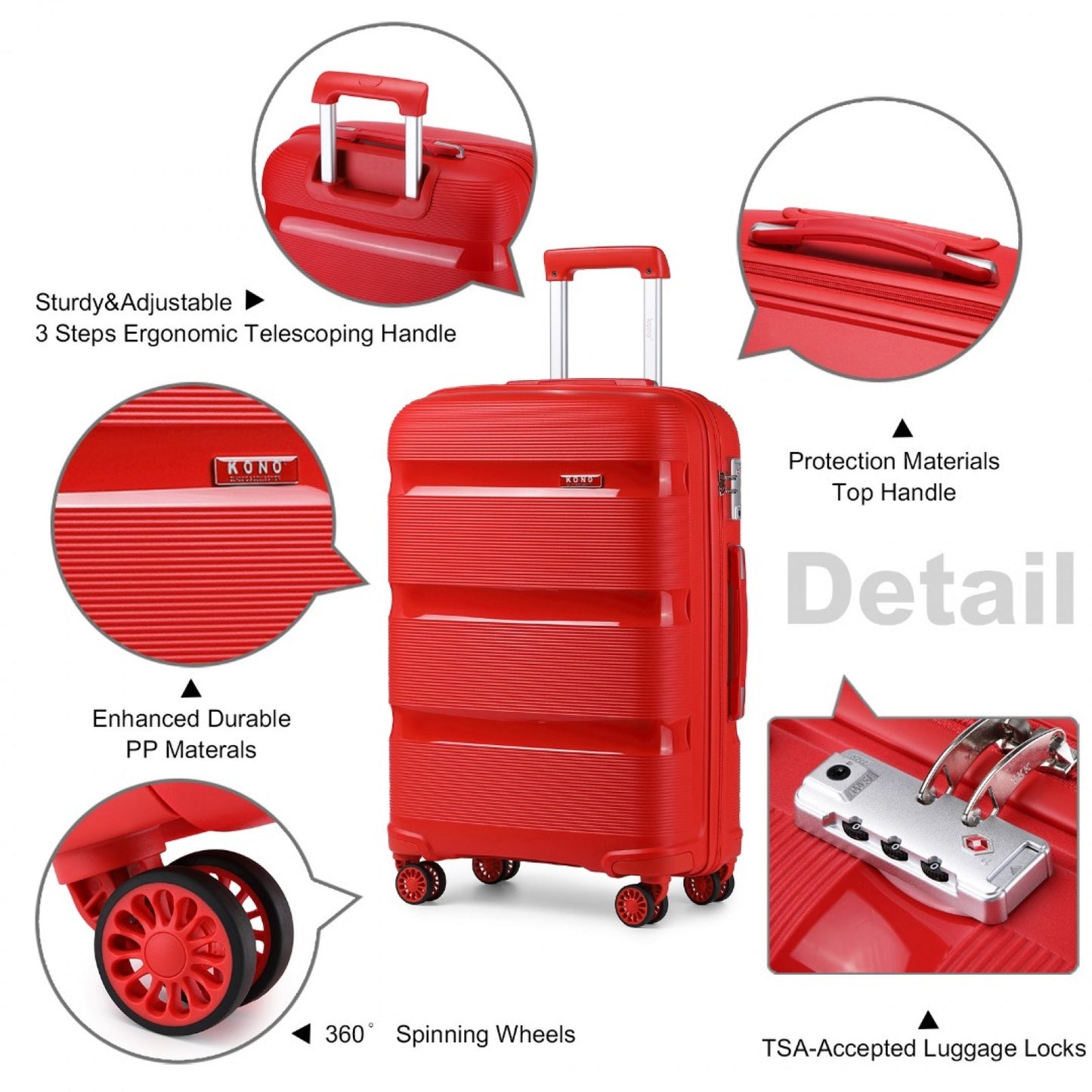 Kono Bright Hard Shell PP Suitcase In (K2092L) - Red