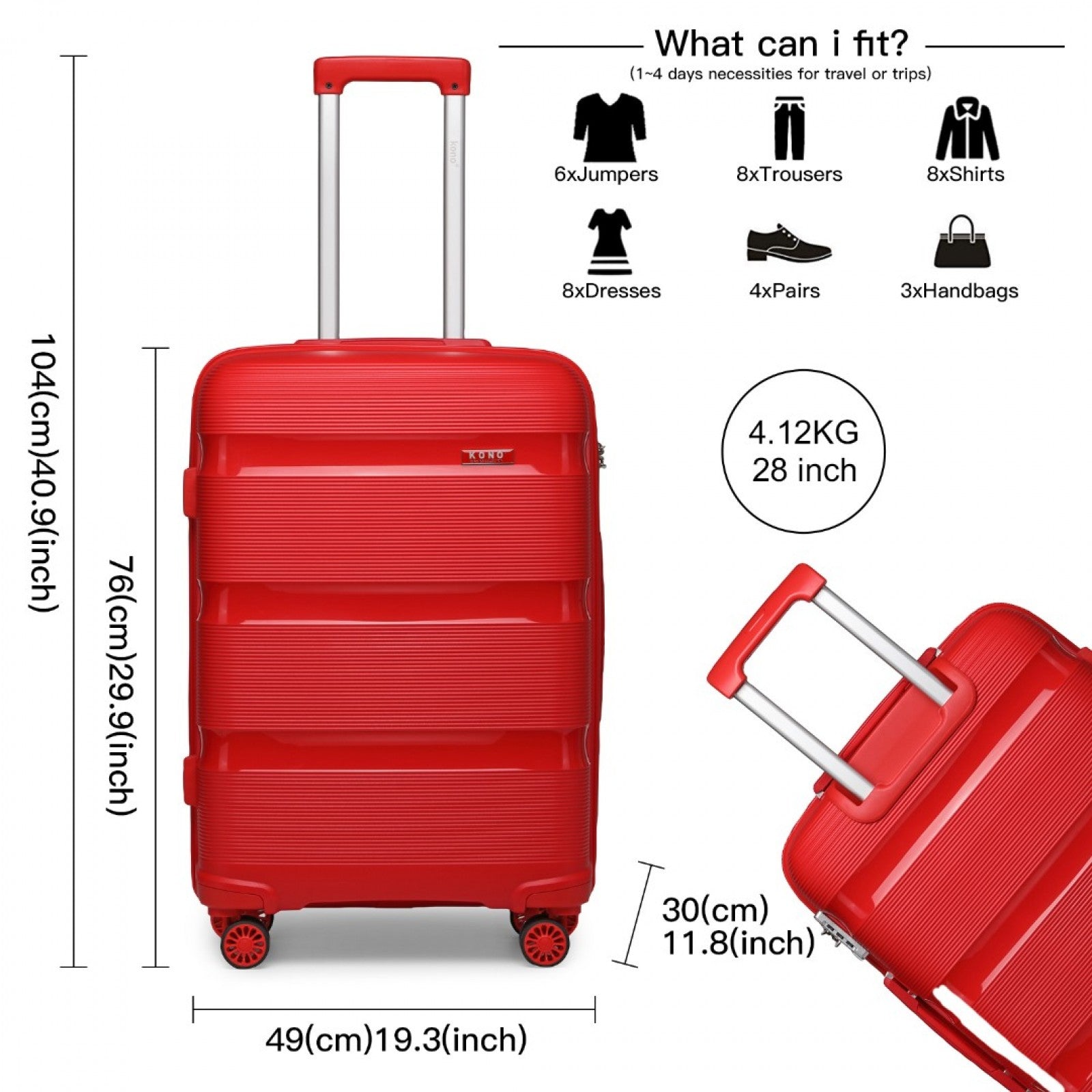 Kono Bright Hard Shell PP Suitcase In (K2092L) - Red