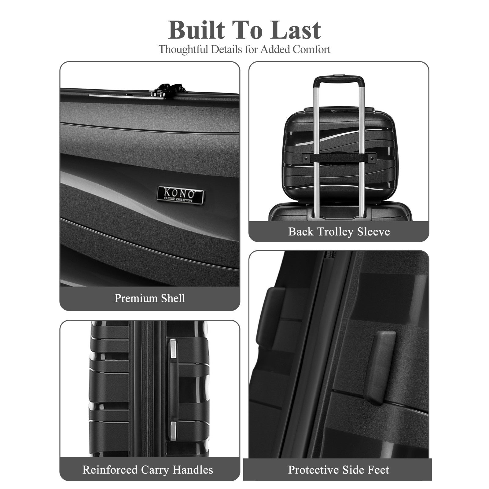 Kono Lightweight Polypropylene Hard Shell Suitcase With TSA Lock (K2094L) - Black