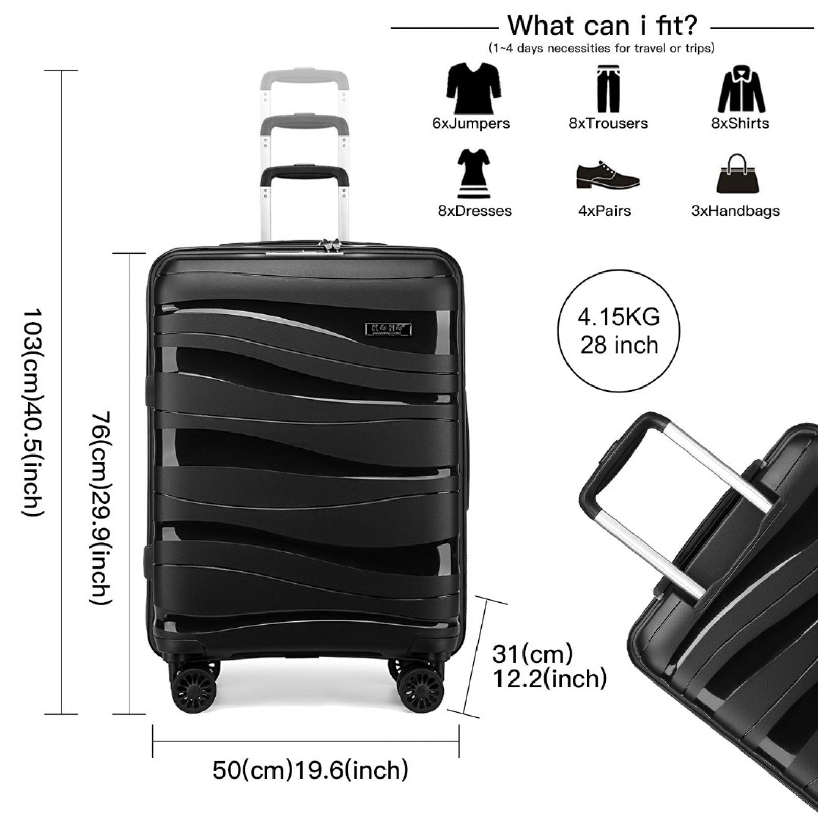 Kono Lightweight Polypropylene Hard Shell Suitcase With TSA Lock (K2094L) - Black