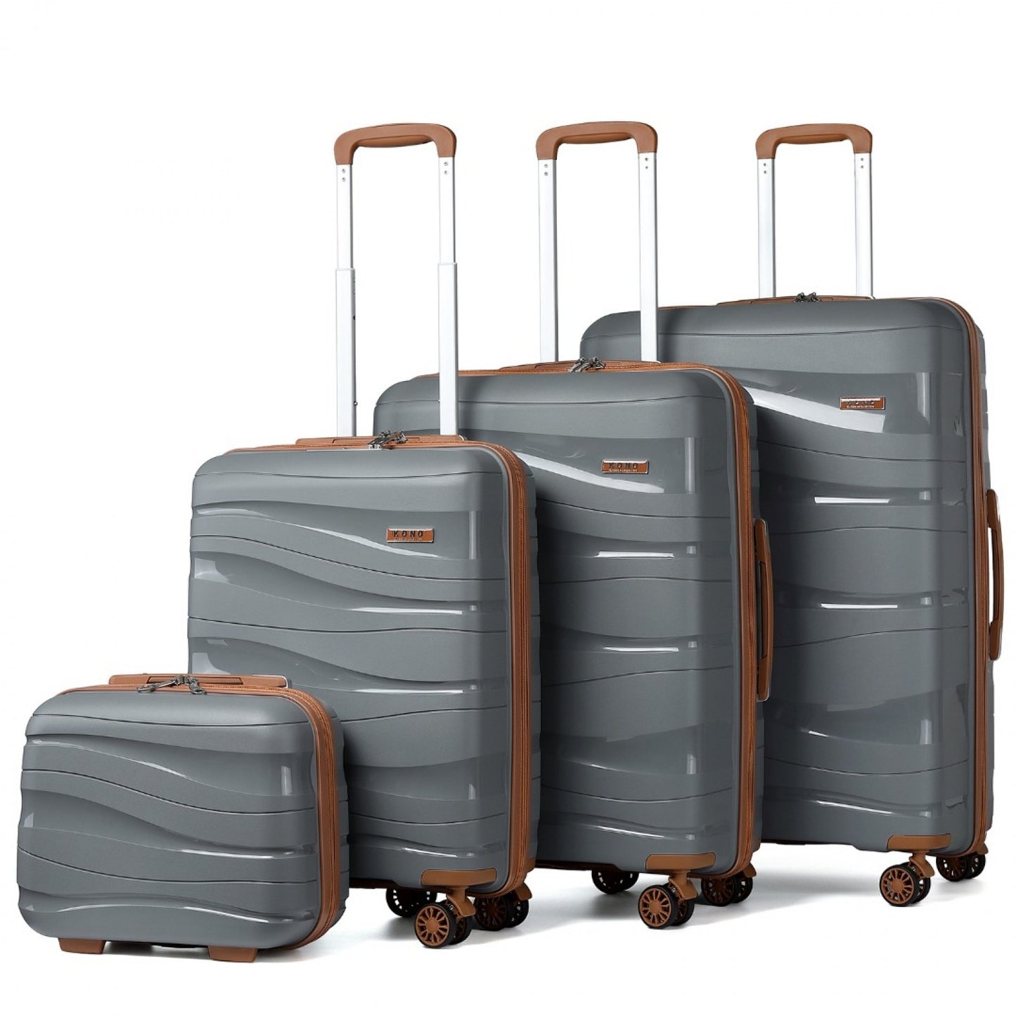 Kono Lightweight Polypropylene Hard Shell 4 Piece Suitcase Set With TSA Lock And Vanity Case (K2094L) - Grey & Brown