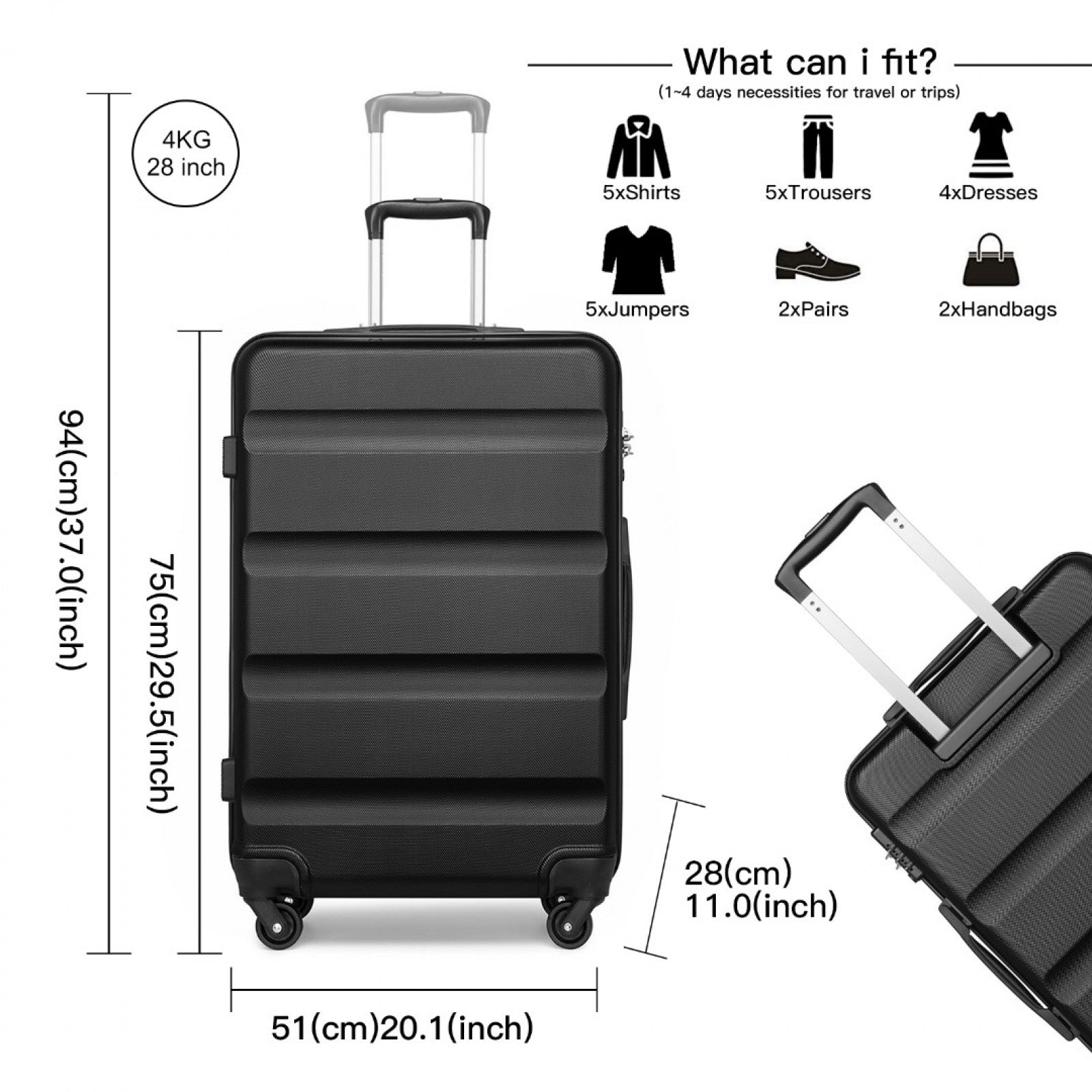 Kono Suitcase Streamlined Lightweight ABS Hardshell with Secure TSA Lock (K2191L) - Black