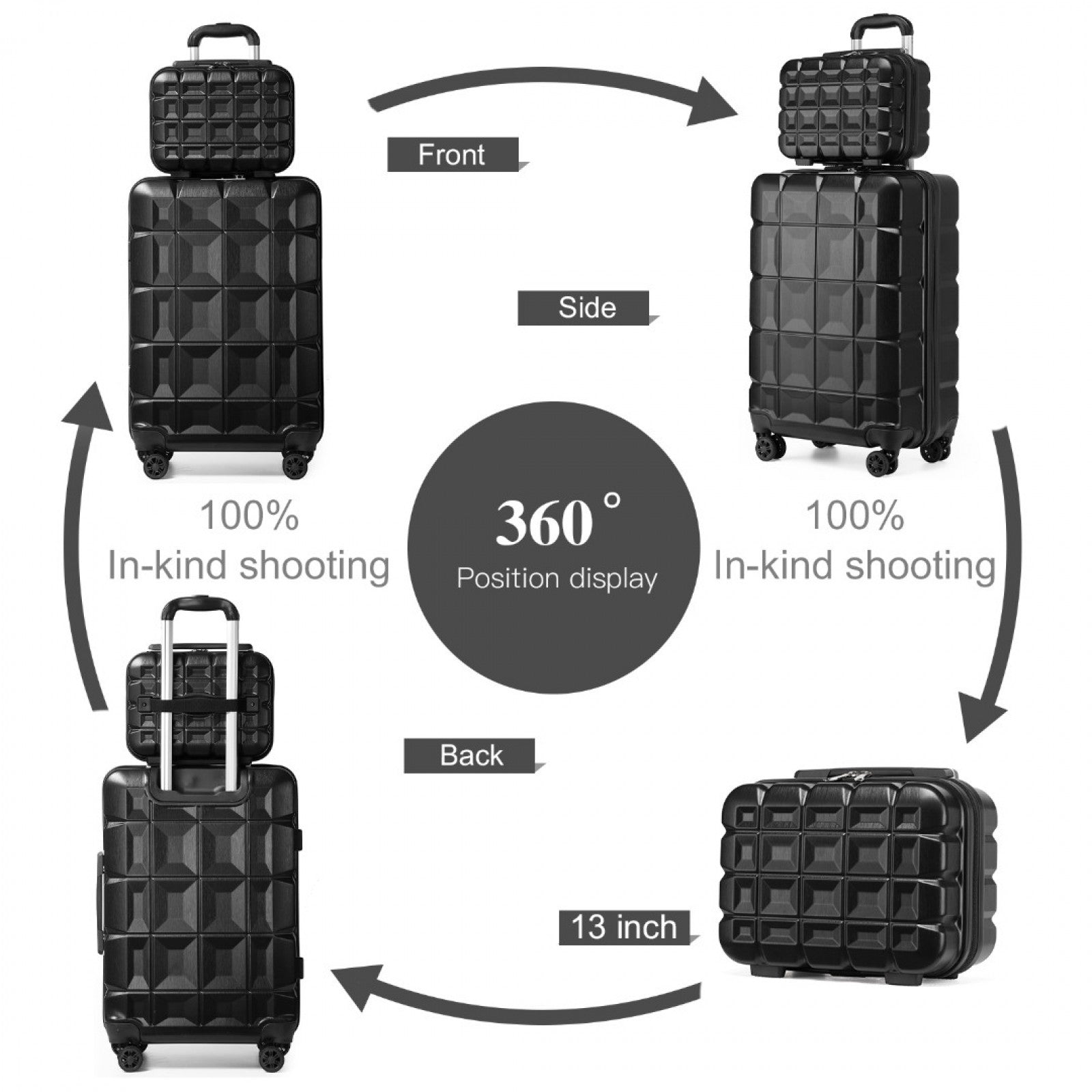 Kono 13/20 Inch Lightweight Hard Shell ABS Cabin Suitcase With TSA Lock And Vanity Case (K2292L) - Black