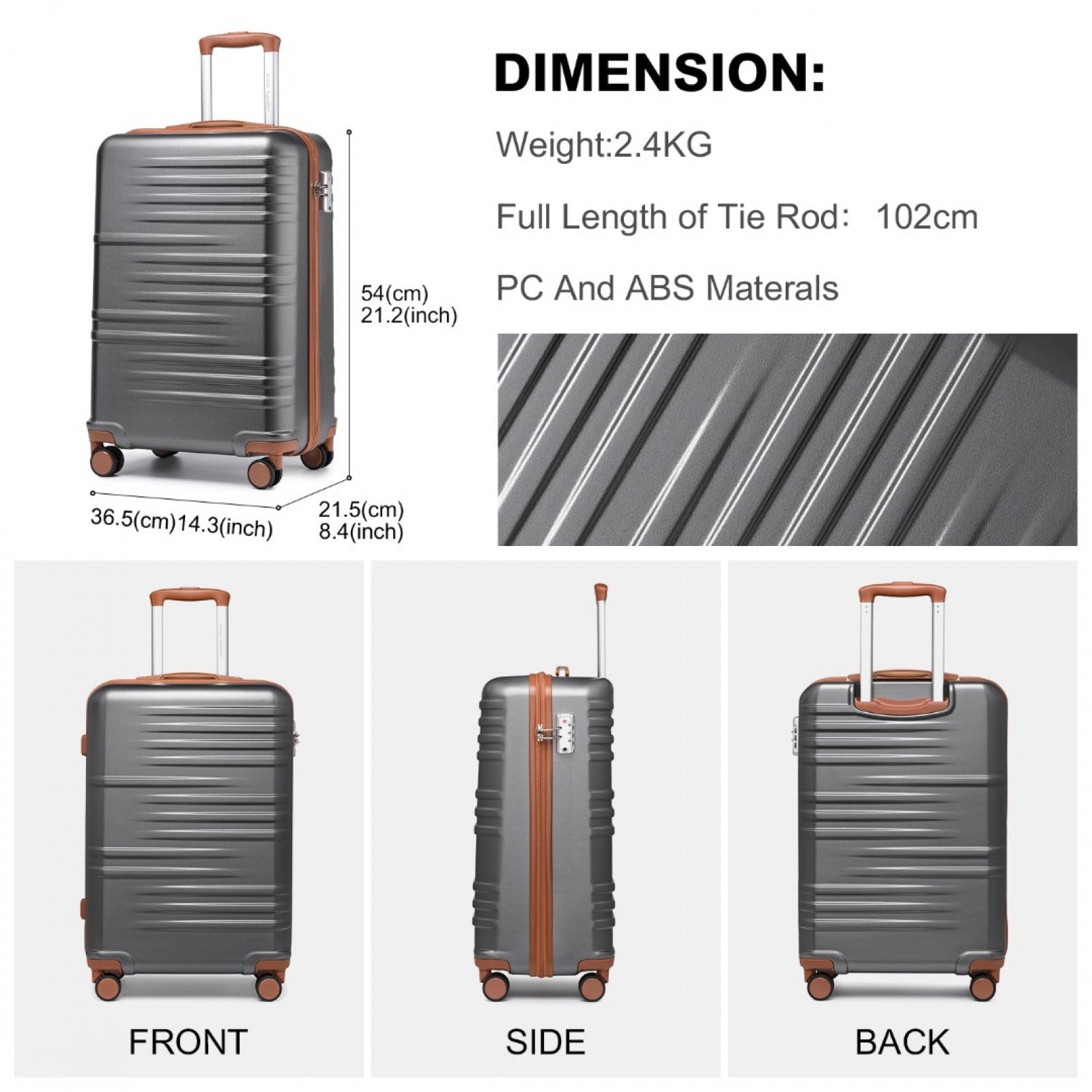 British Traveller Durable Polycarbonate and ABS Hard Shell Suitcase With TSA Lock (K2391L) - Grey & Brown