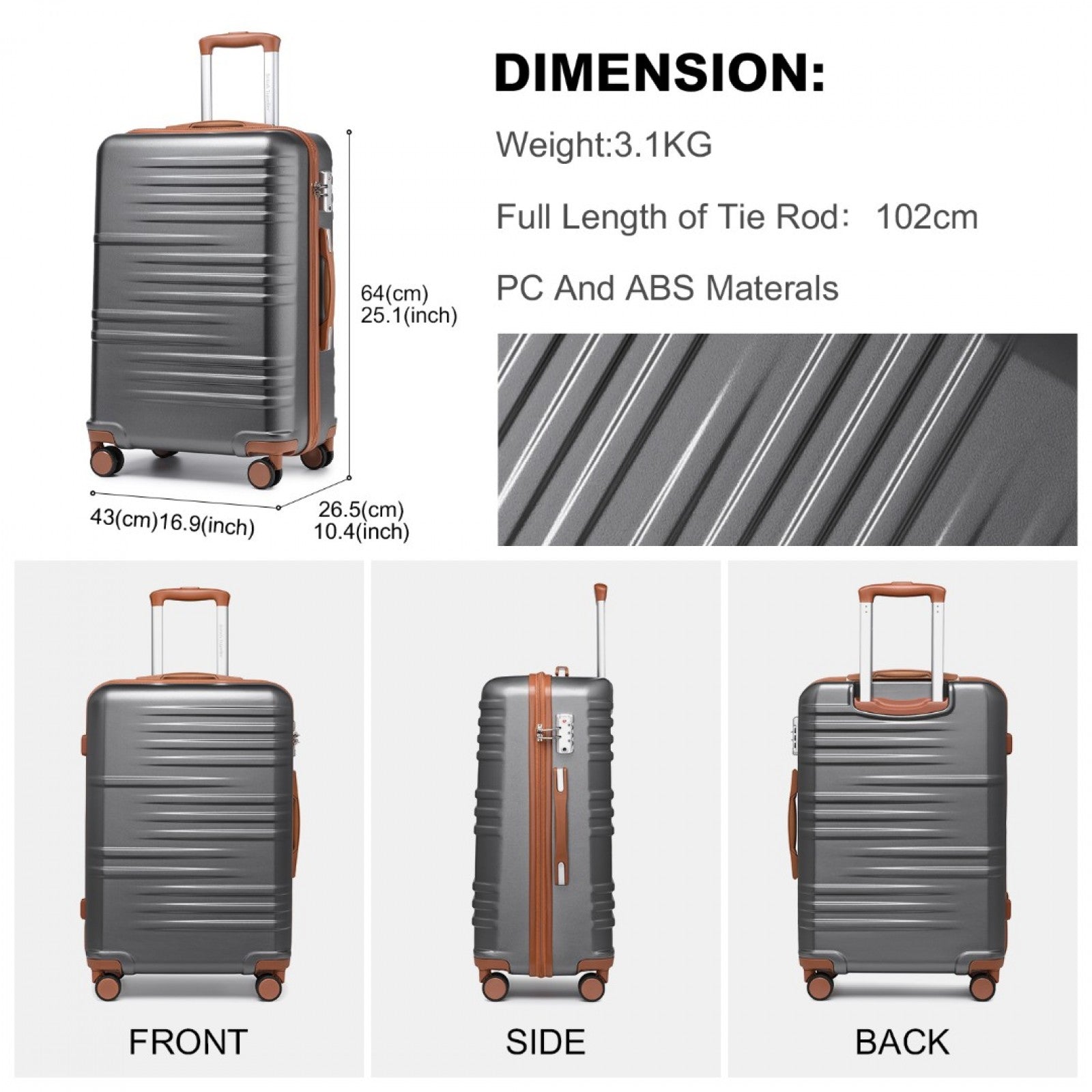 British Traveller Durable Polycarbonate and ABS Hard Shell Suitcase With TSA Lock (K2391L) - Grey & Brown