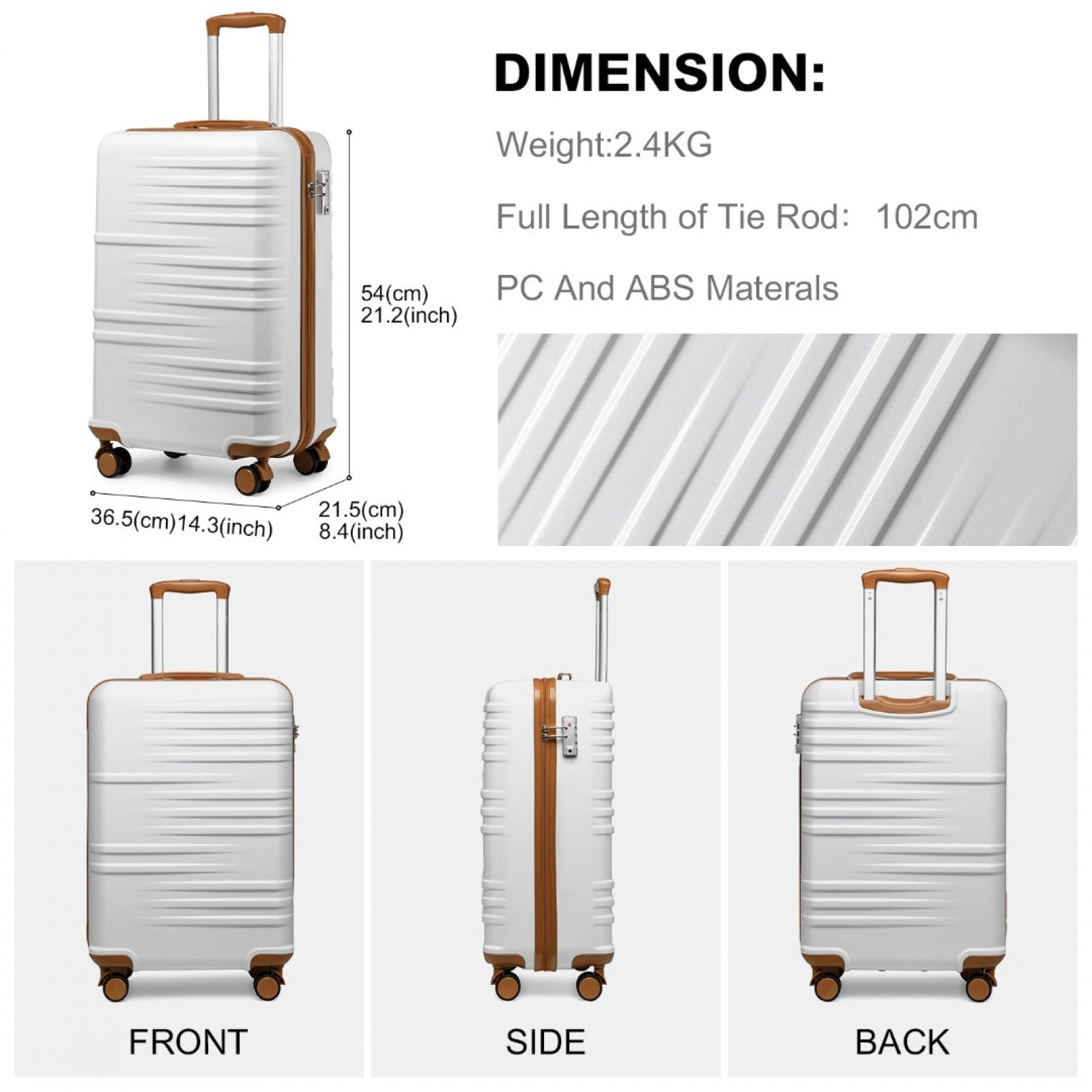 British Traveller Durable Polycarbonate and ABS Hard Shell Suitcase With TSA Lock (K2391L) - White
