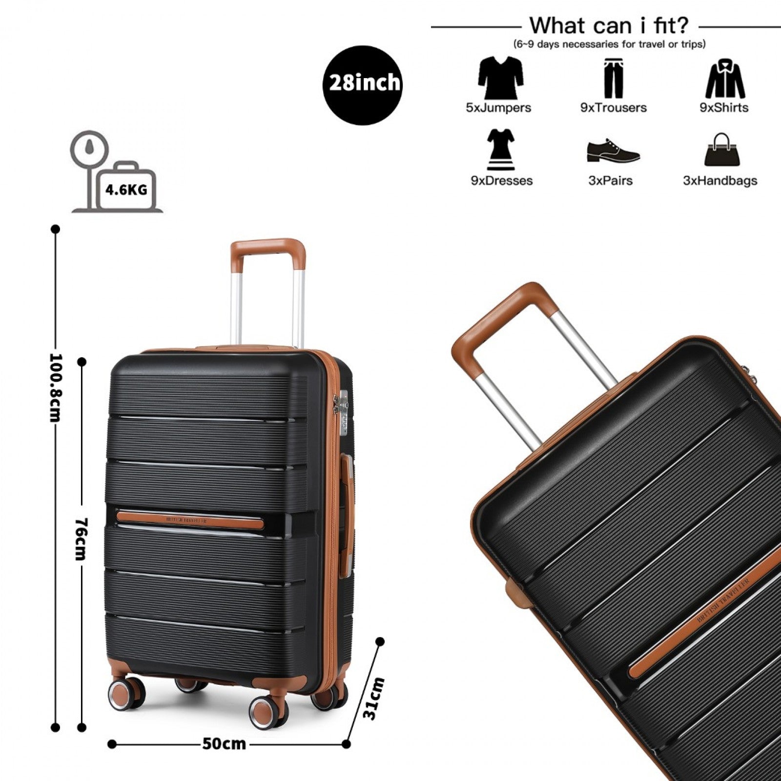 British Traveller Multi-Texture Polypropylene Hard Shell Suitcase With TSA Lock (K2392L) - Black