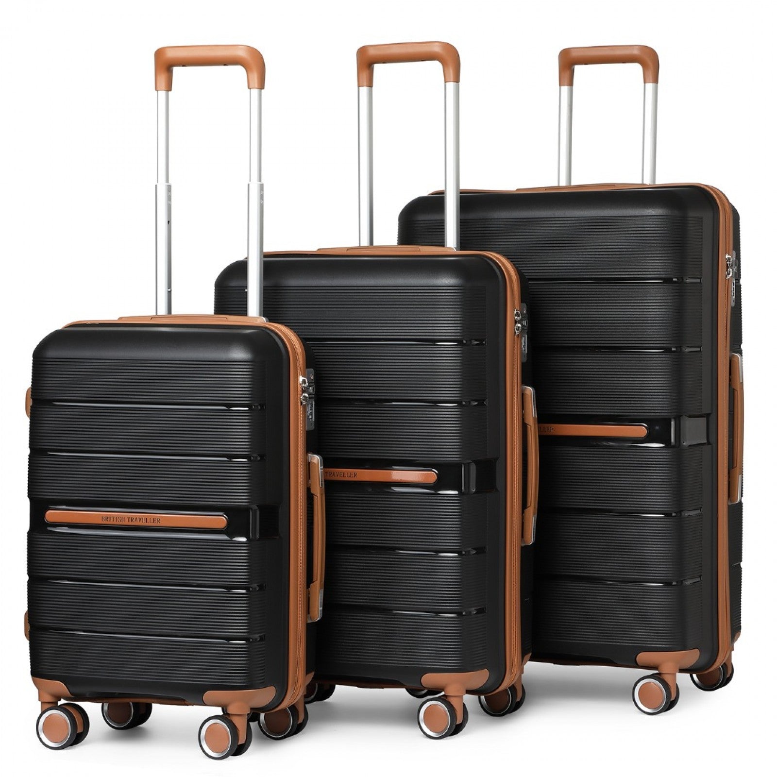 British Traveller 3 Pcs Multi-Texture Polypropylene Hard Shell Suitcase With TSA Lock (K2392L) - Black