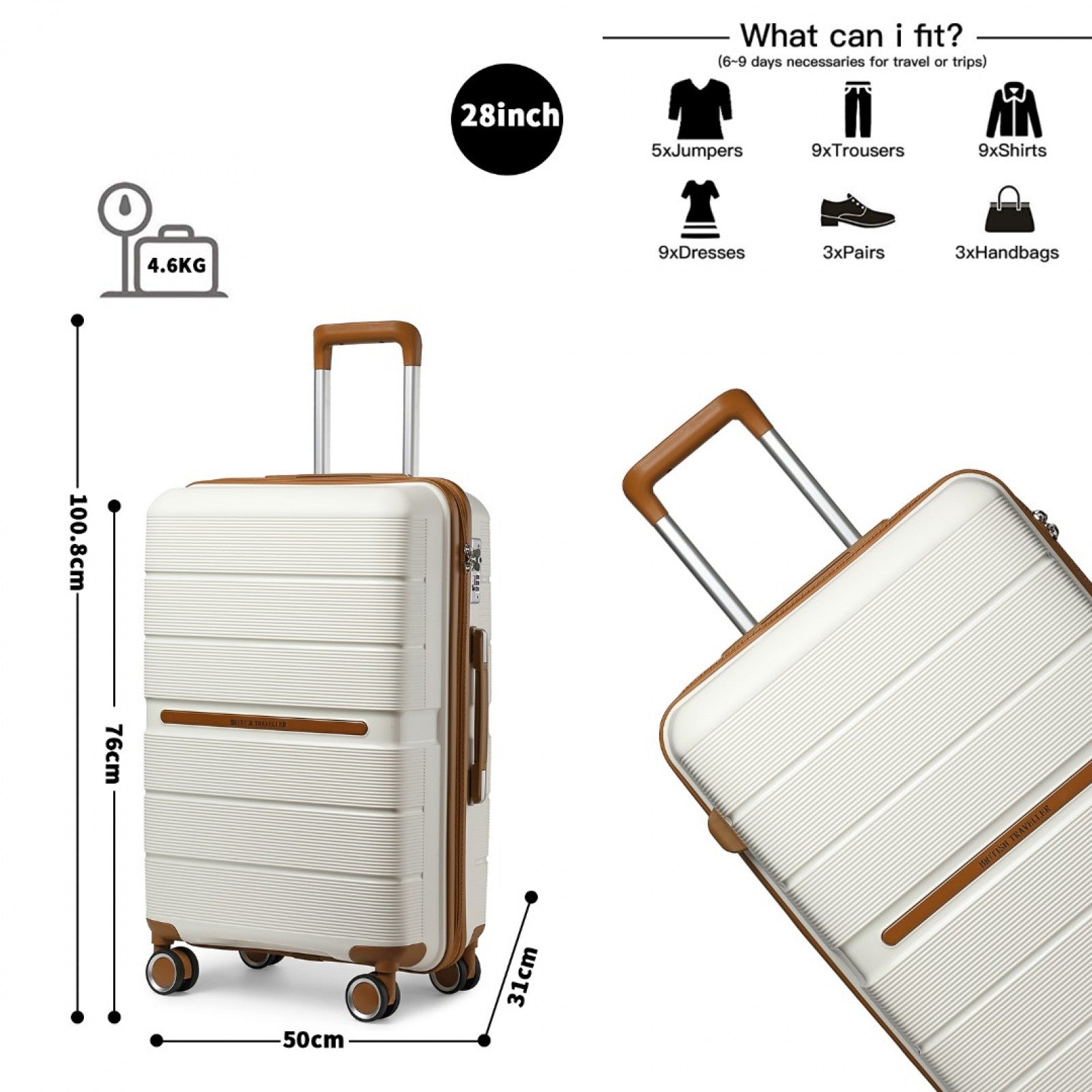 British Traveller Multi-Texture Polypropylene Hard Shell Suitcase With TSA Lock (K2392L) - Cream