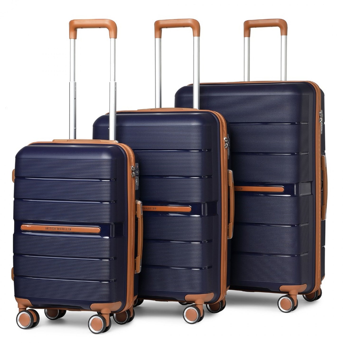 British Traveller 3 Pcs Multi-Texture Polypropylene Hard Shell Suitcase With TSA Lock (K2392L) - Navy