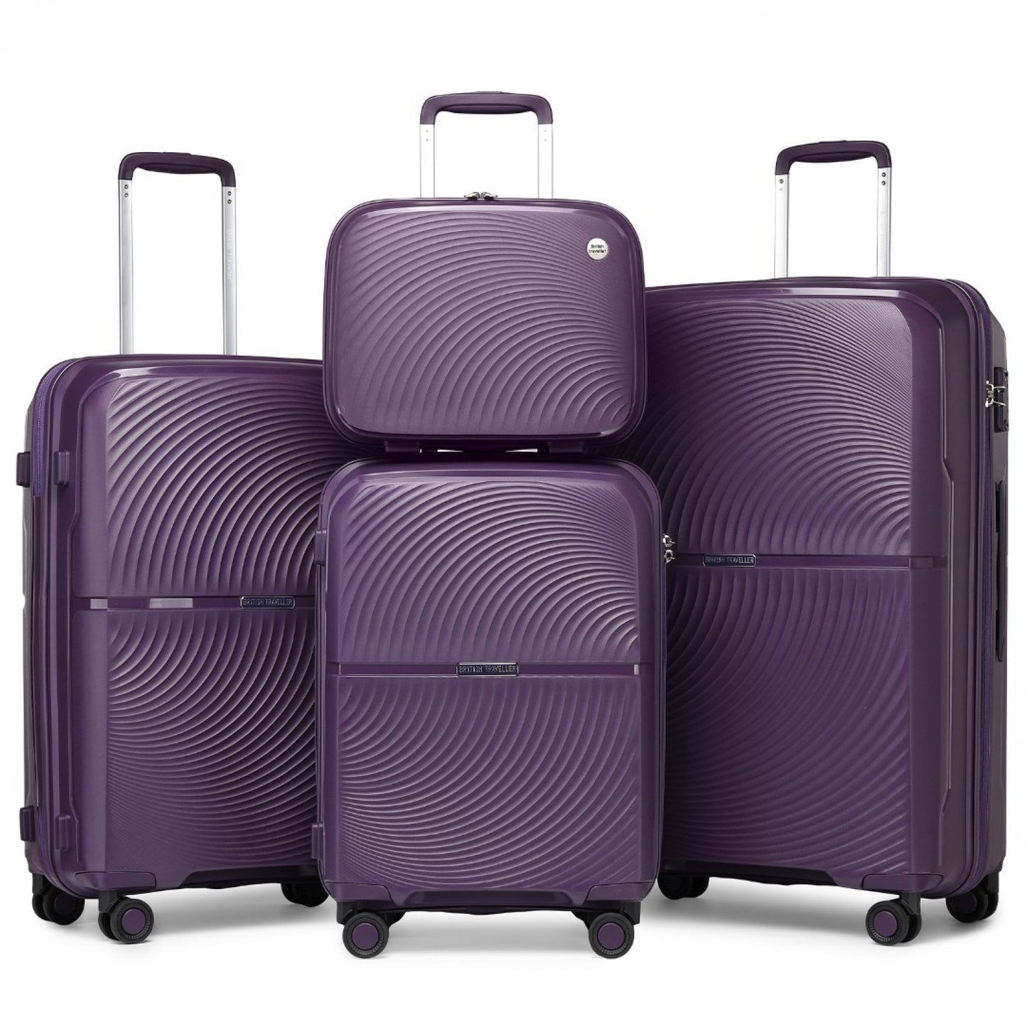 British Traveller 4 Pcs Set Spinner Hard Shell PP Suitcase With TSA Lock And Vanity Case (K2393L) - Purple