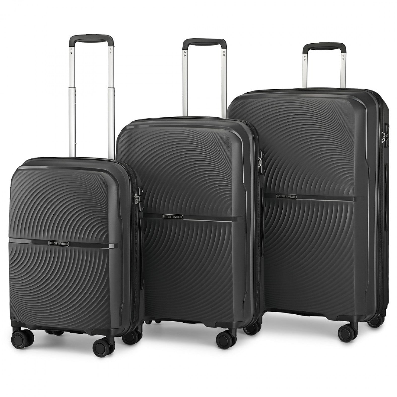 British Traveller 3 Pcs Set Spinner Hard Shell PP Suitcase With TSA Lock (K2393L) - Black