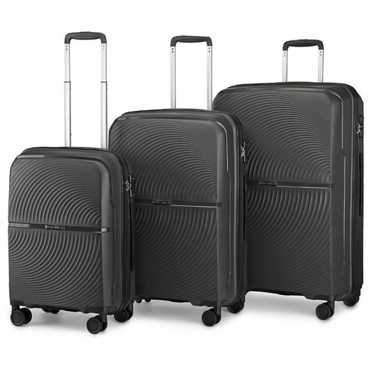 British Traveller 3 Pcs Set Spinner Hard Shell PP Suitcase With TSA Lock (K2393L) - Black
