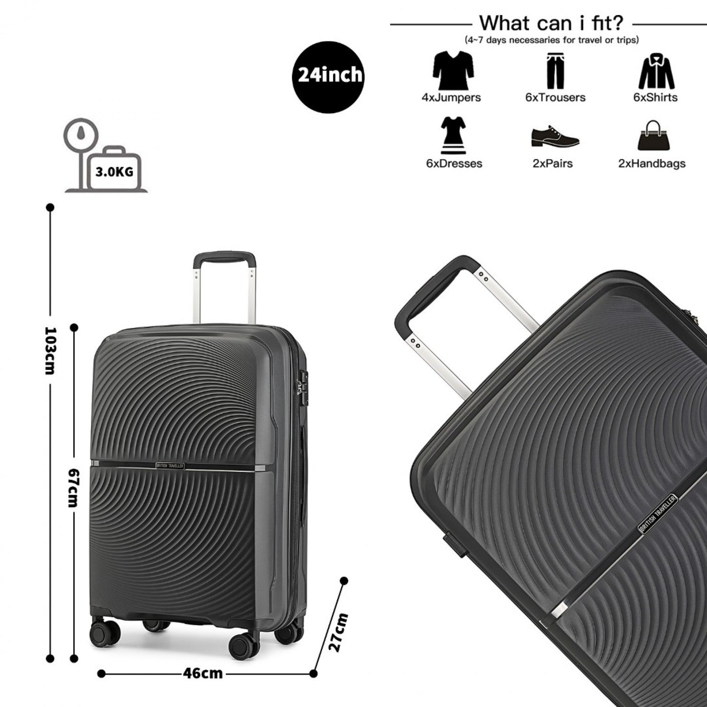 British Traveller Spinner Hard Shell PP Suitcase With TSA Lock (K2393L) - Black