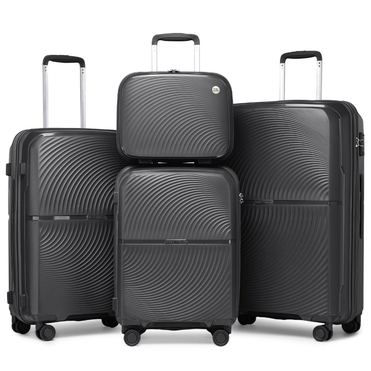 British Traveller 4 Pcs Set Spinner Hard Shell PP Suitcase With TSA Lock And Vanity Case (K2393L) - Black