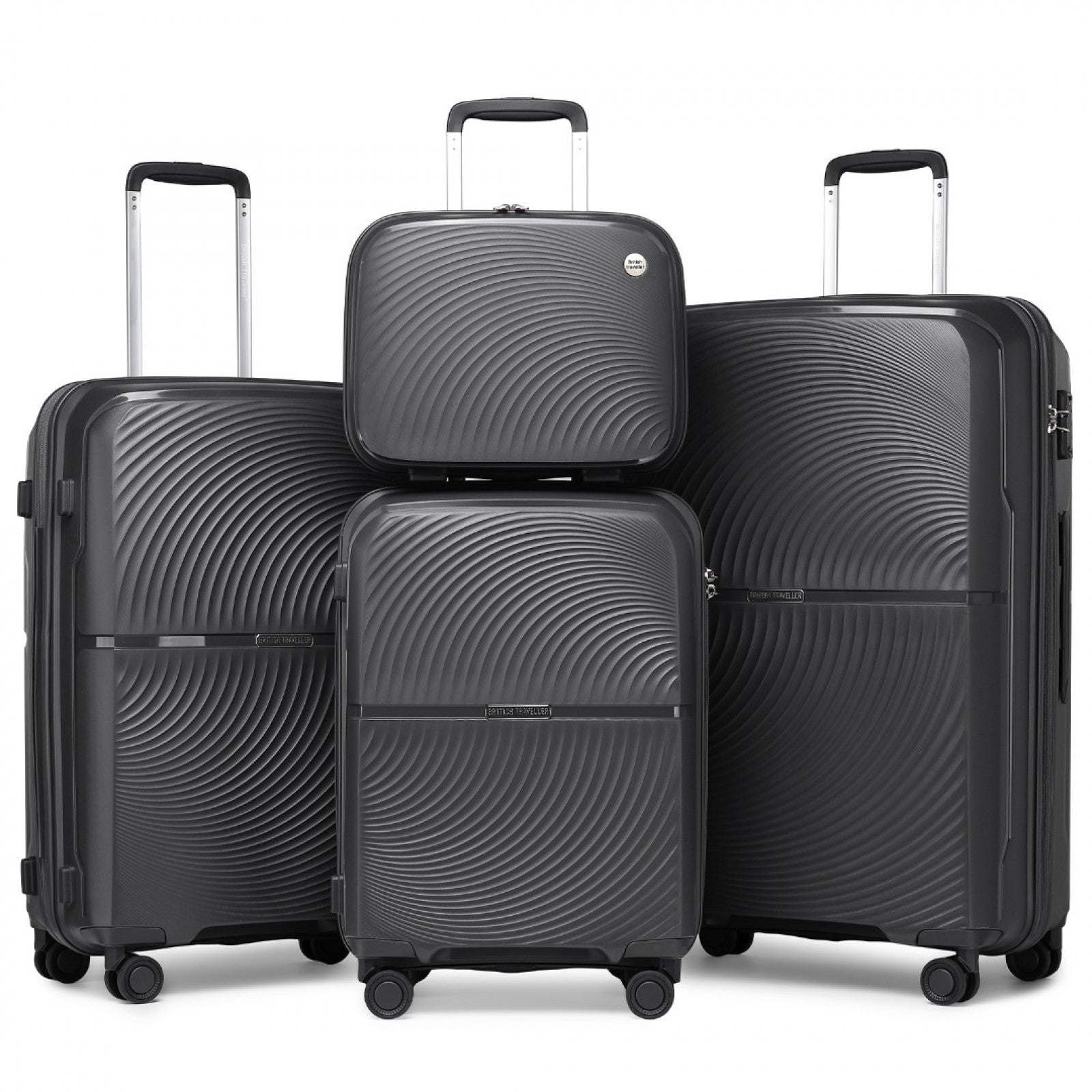 British Traveller 4 Pcs Set Spinner Hard Shell PP Suitcase With TSA Lock And Vanity Case (K2393L) - Black