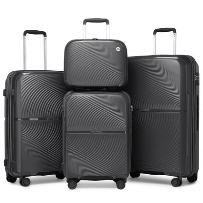 British Traveller 4 Pcs Set Spinner Hard Shell PP Suitcase With TSA Lock And Vanity Case (K2393L) - Black