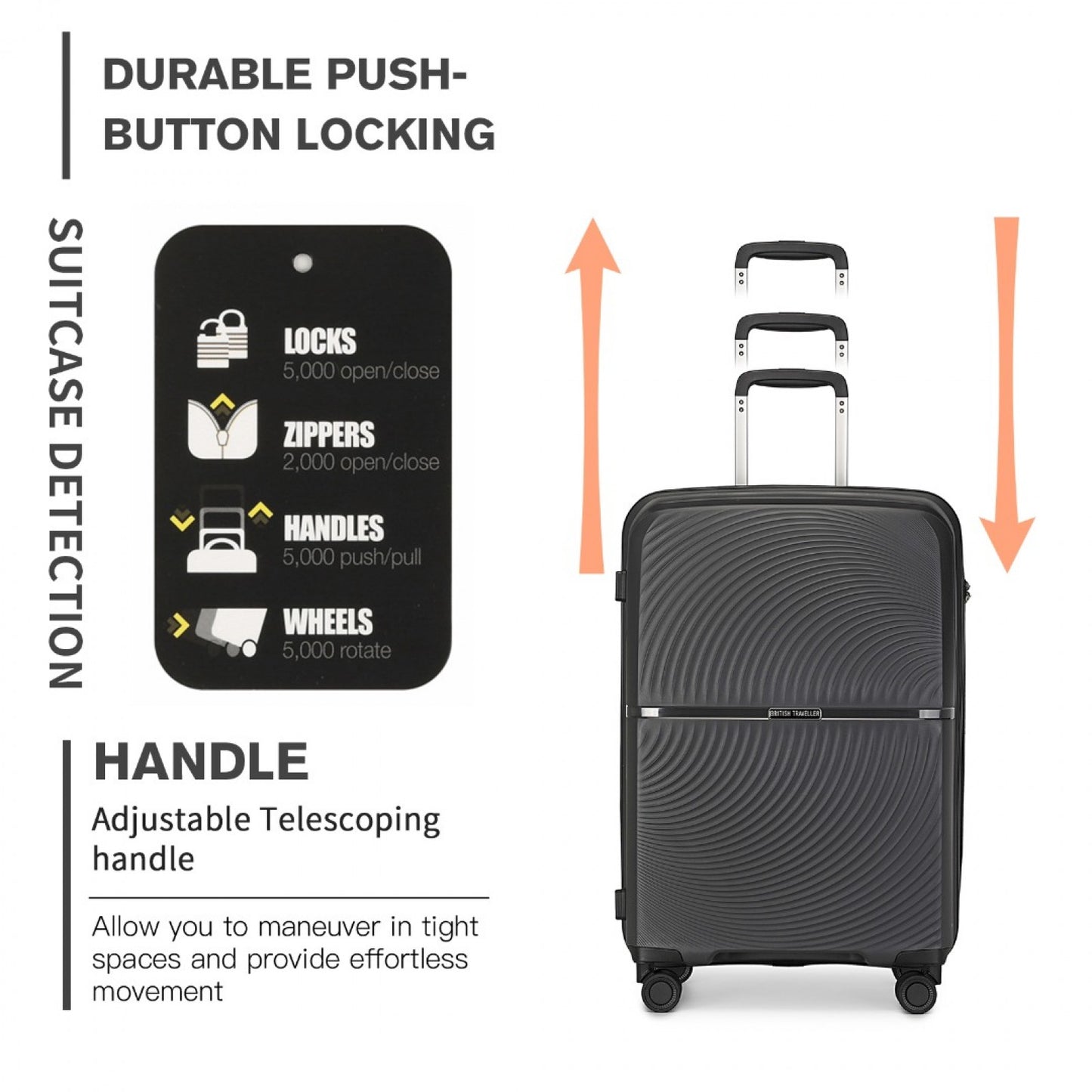 British Traveller Spinner Hard Shell PP Suitcase With TSA Lock (K2393L) - Black