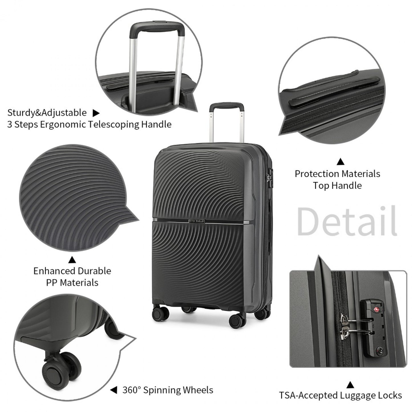 British Traveller Spinner Hard Shell PP Suitcase With TSA Lock (K2393L) - Black
