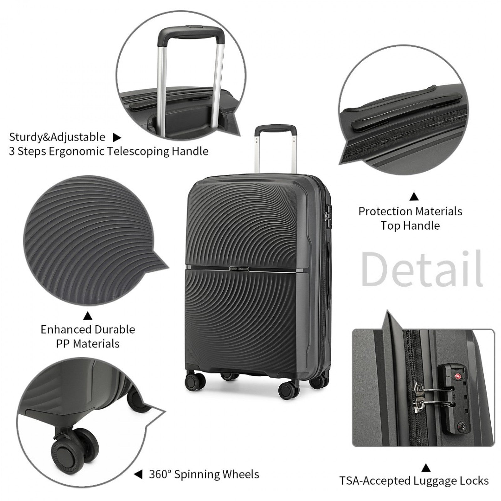 British Traveller Spinner Hard Shell PP Suitcase With TSA Lock (K2393L) - Black