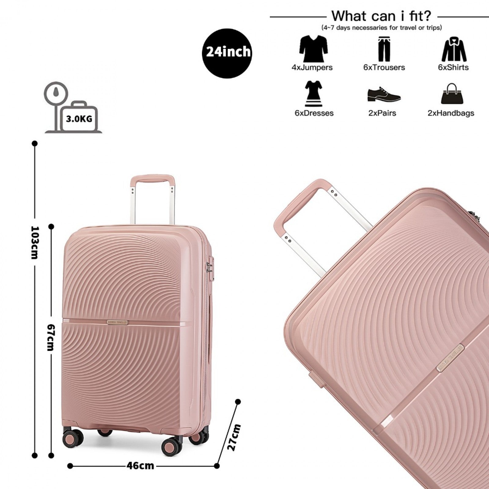 British Traveller Spinner Hard Shell PP Suitcase With TSA Lock (K2393L) - Nude