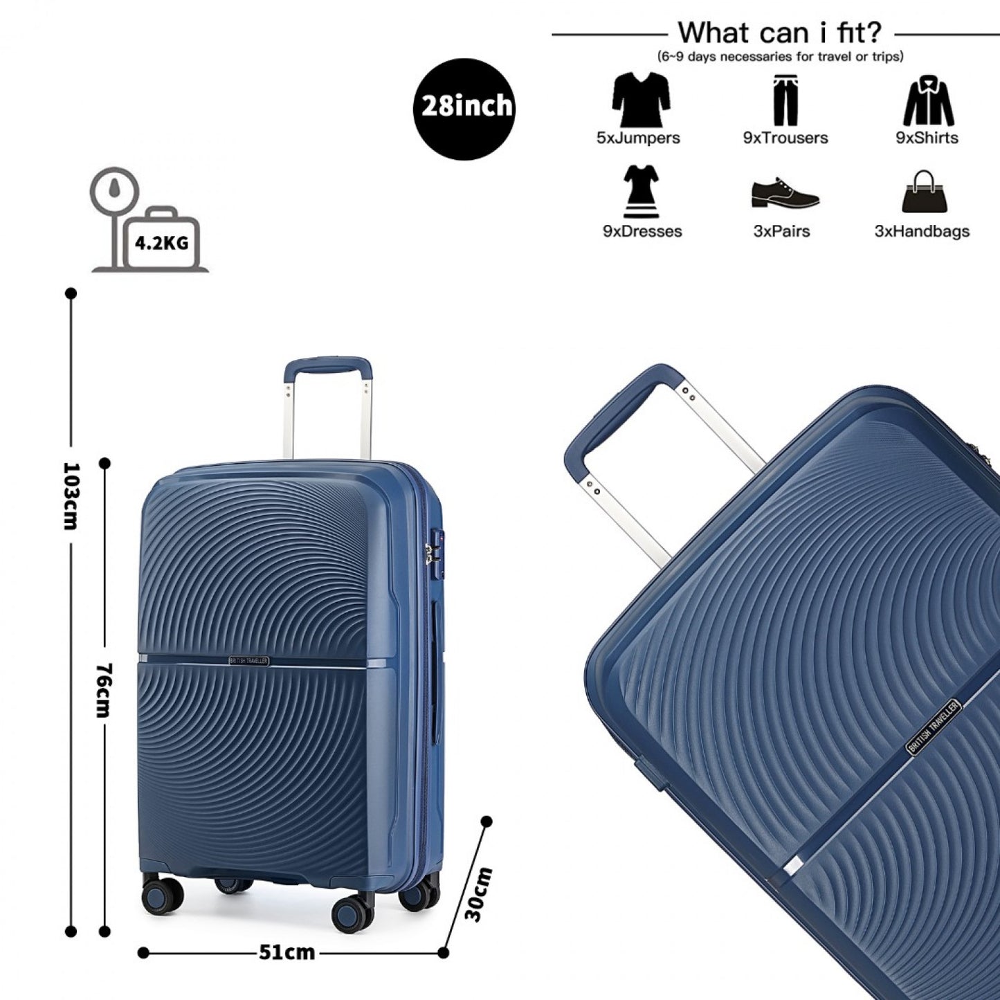 British Traveller Spinner Hard Shell PP Suitcase With TSA Lock (K2393L) - Navy