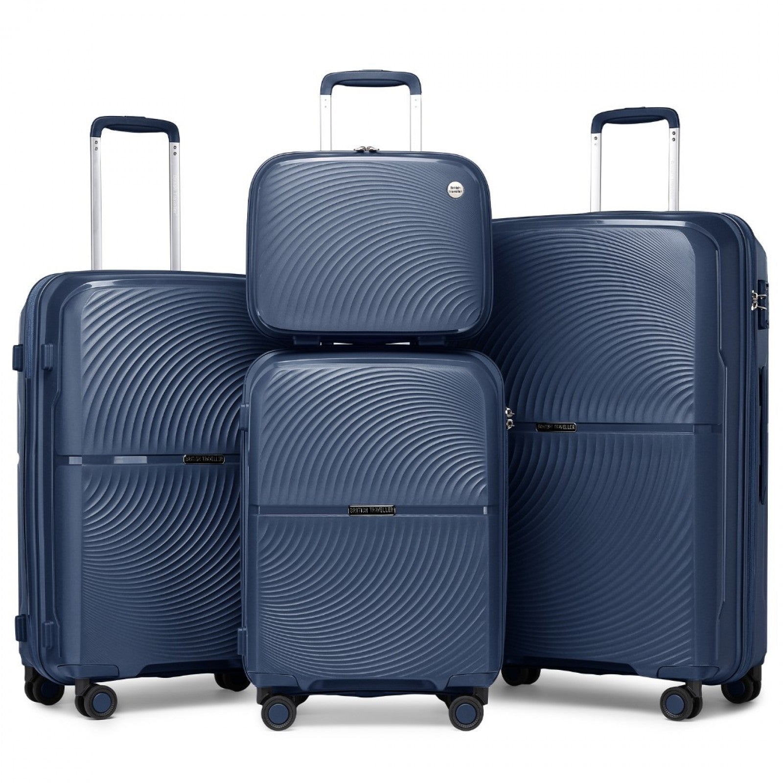 British Traveller 4 Pcs Set Spinner Hard Shell PP Suitcase With TSA Lock And Vanity Case (K2393L) - Navy