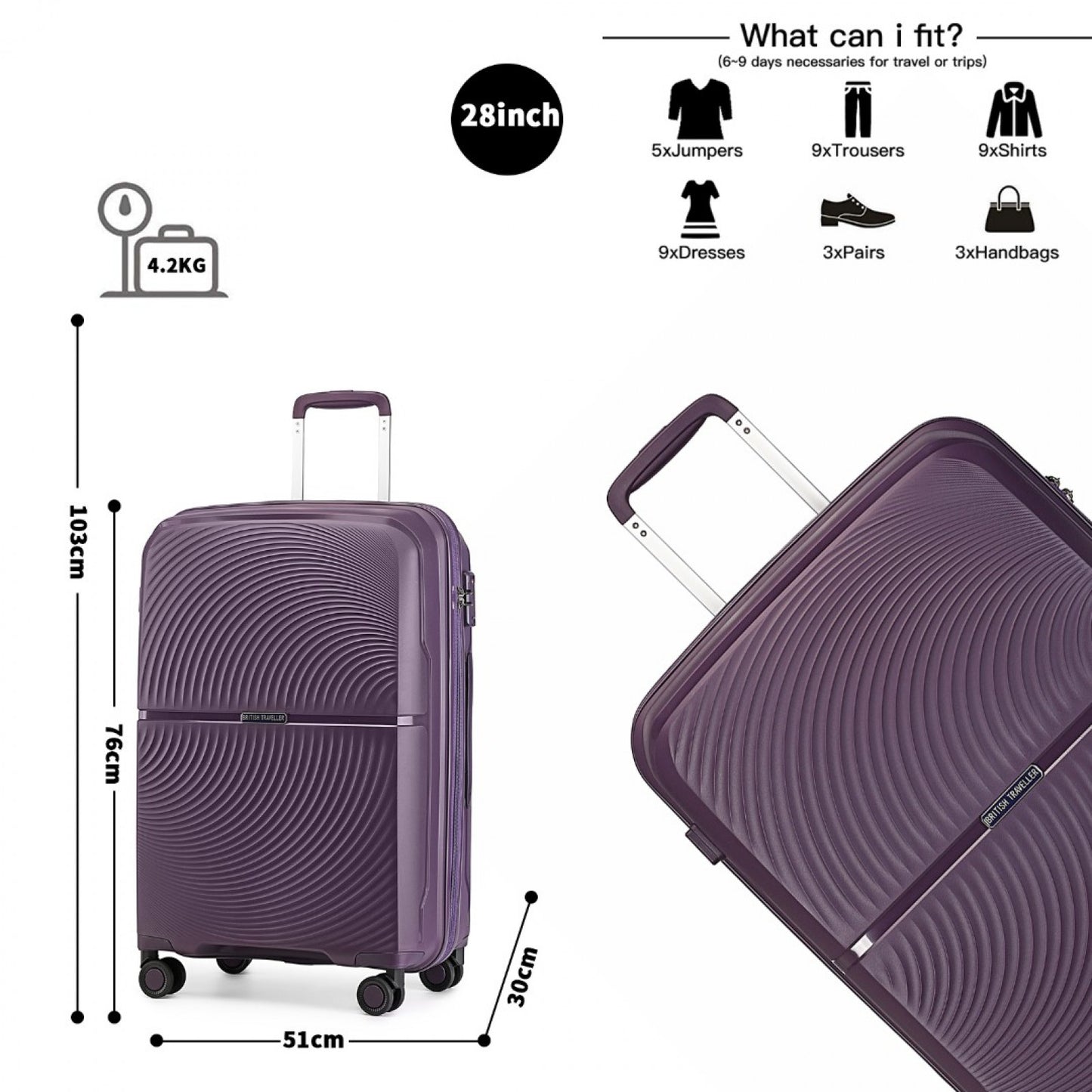 British Traveller Spinner Hard Shell PP Suitcase With TSA Lock (K2393L) - Purple