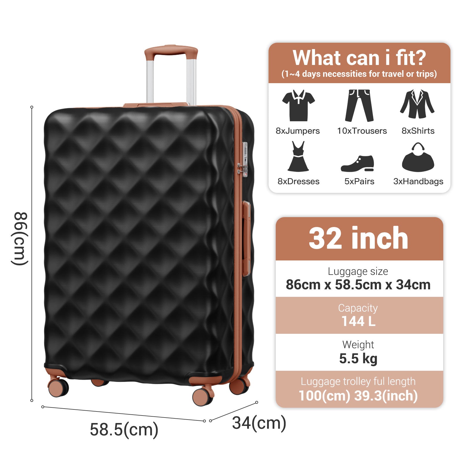 British Traveller Ultralight ABS And Polycarbonate Bumpy Diamond Suitcase With TSA Lock (K2395L) - Black & Brown