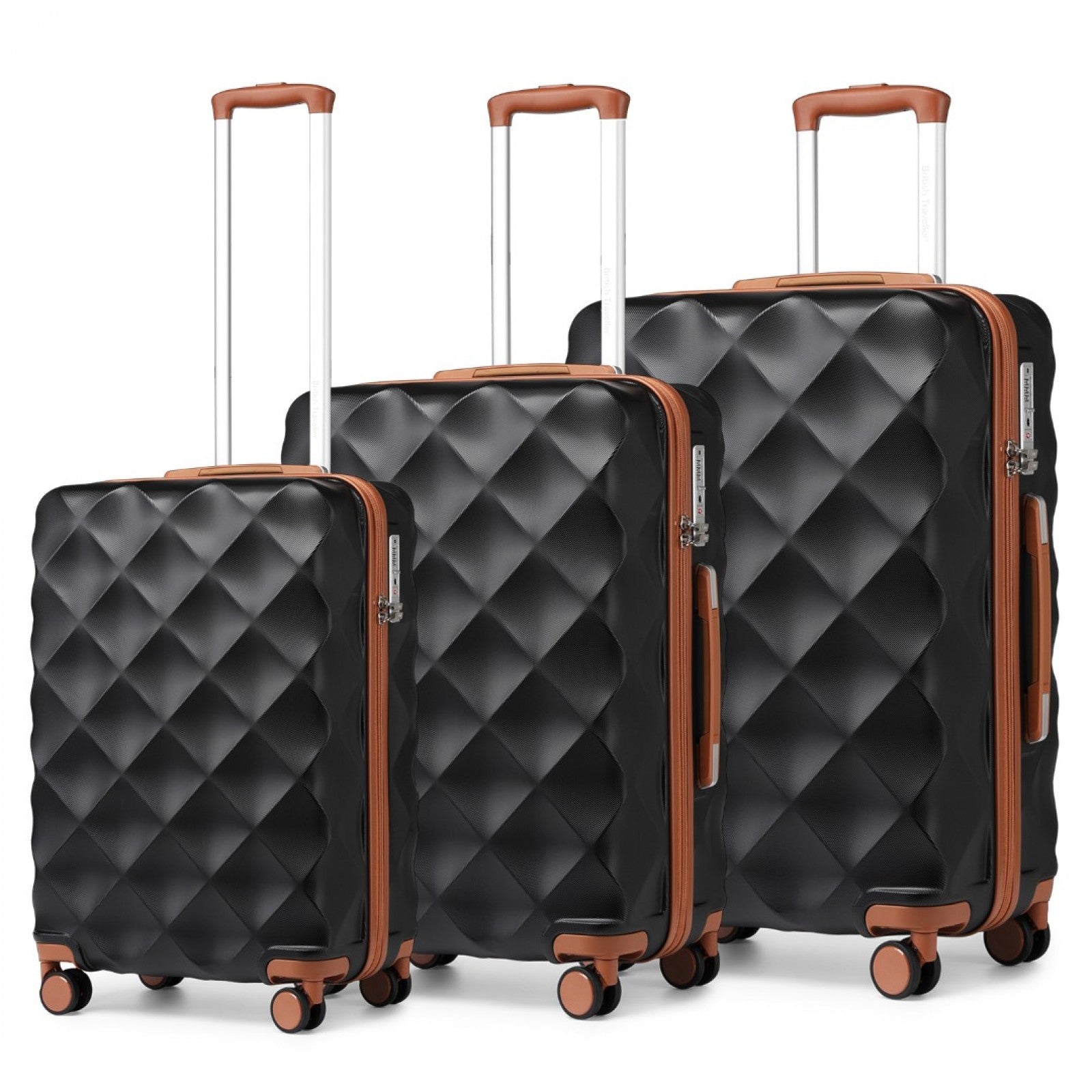 British Traveller Ultralight ABS And Polycarbonate Bumpy Diamond 3 Pcs Luggage Set With TSA Lock (K2395L) - Black & Brown
