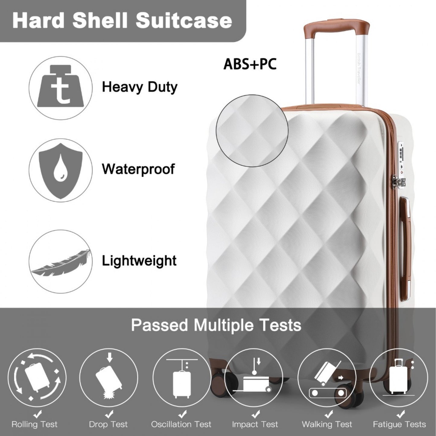 British Traveller Ultralight ABS And Polycarbonate Bumpy Diamond Suitcase With TSA Lock (K2395L) - Cream