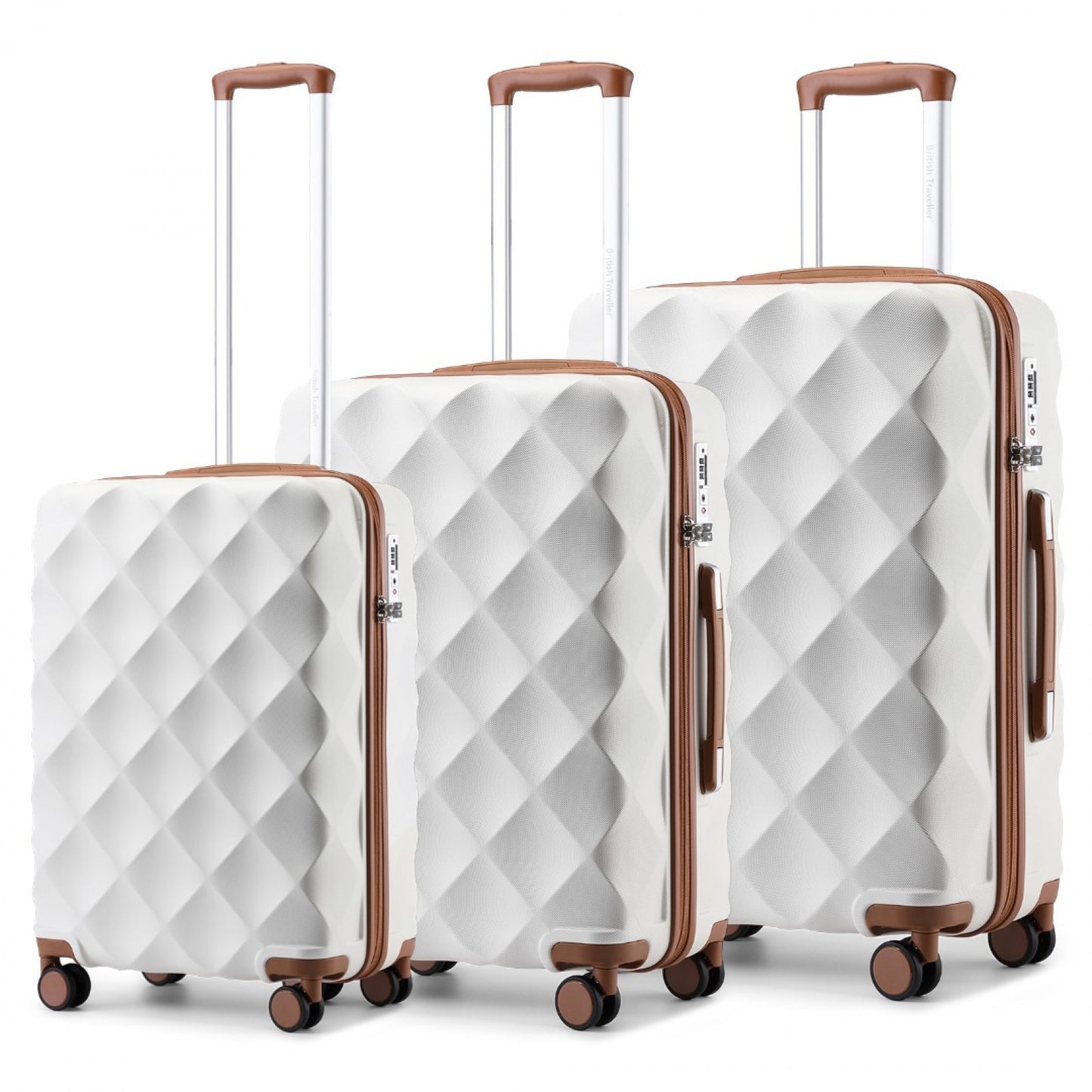 British Traveller Ultralight ABS And Polycarbonate Bumpy Diamond 3 Pcs Luggage Set With TSA Lock (K2395L) - Cream