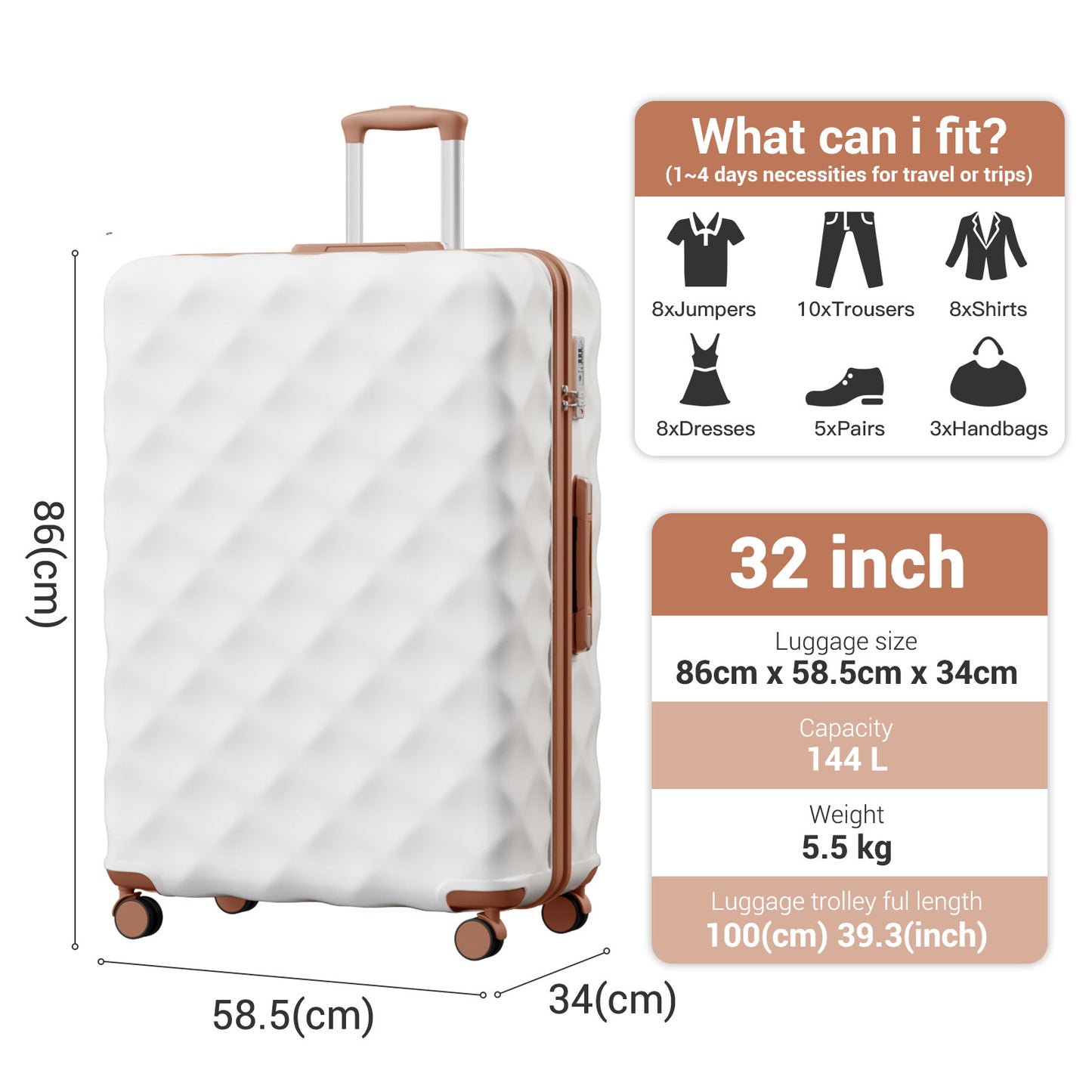 British Traveller Ultralight ABS And Polycarbonate Bumpy Diamond Suitcase With TSA Lock (K2395L) - Cream