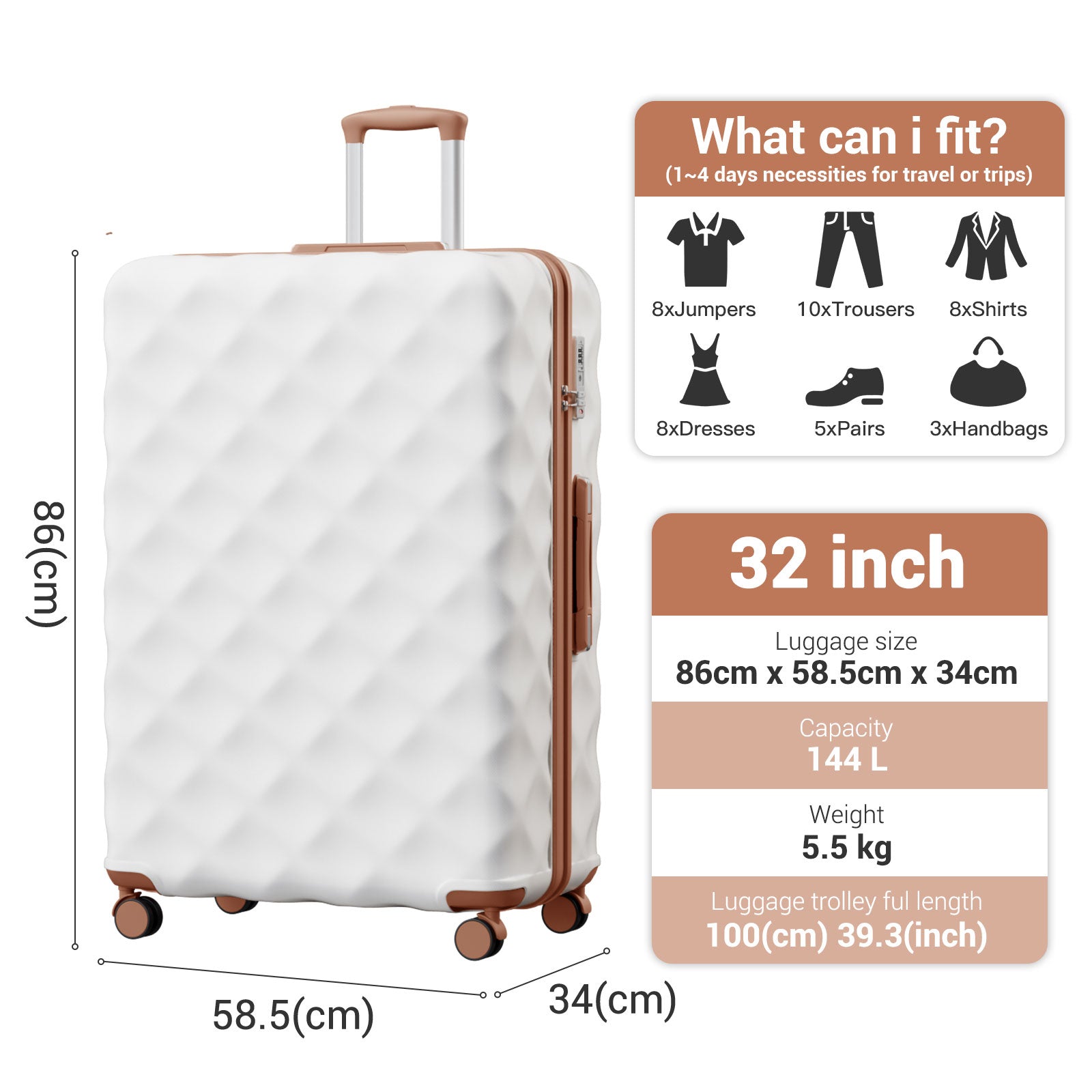British Traveller Ultralight ABS And Polycarbonate Bumpy Diamond Suitcase With TSA Lock (K2395L) - Cream