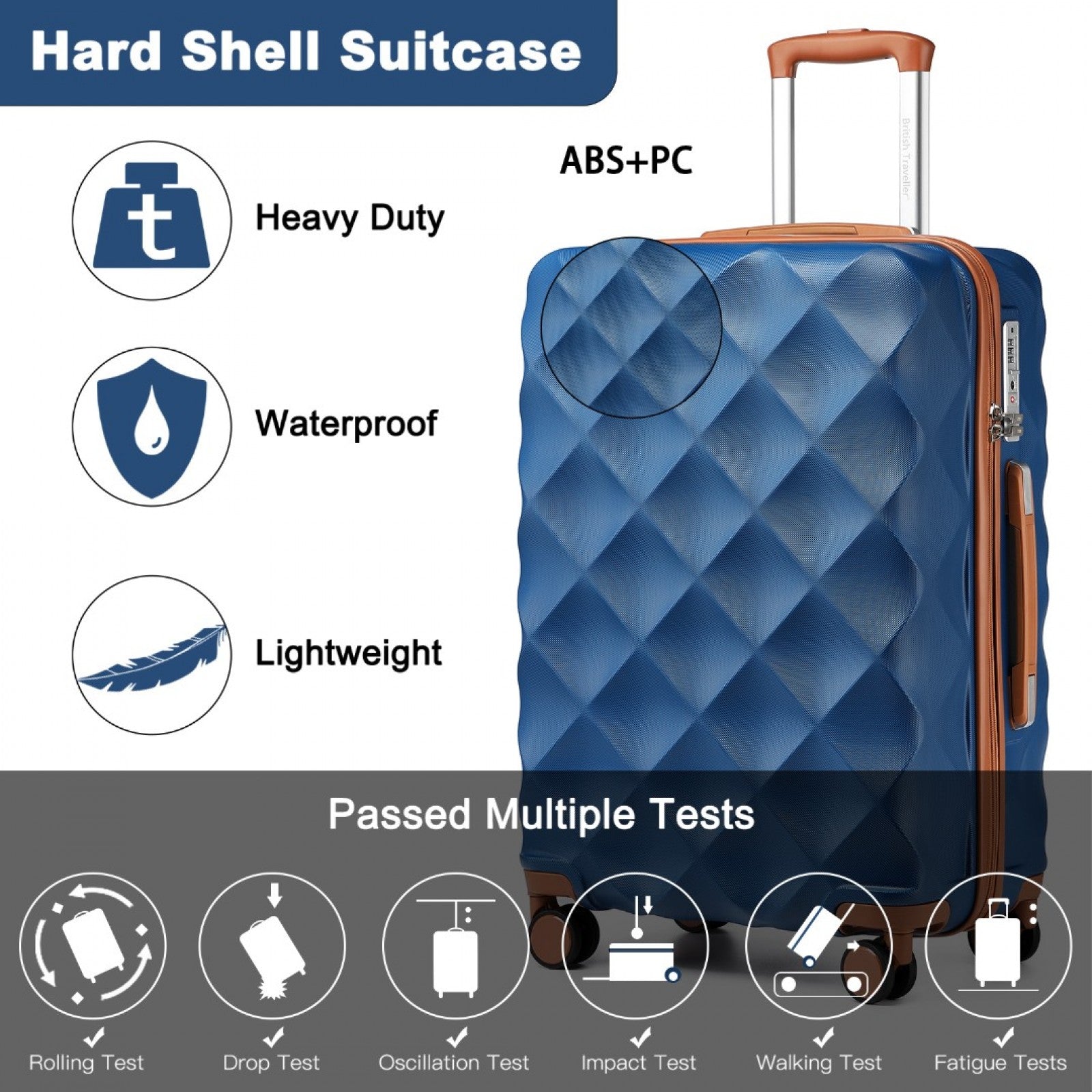 British Traveller Ultralight ABS And Polycarbonate Bumpy Diamond Suitcase With TSA Lock (K2395L) - Navy & Brown
