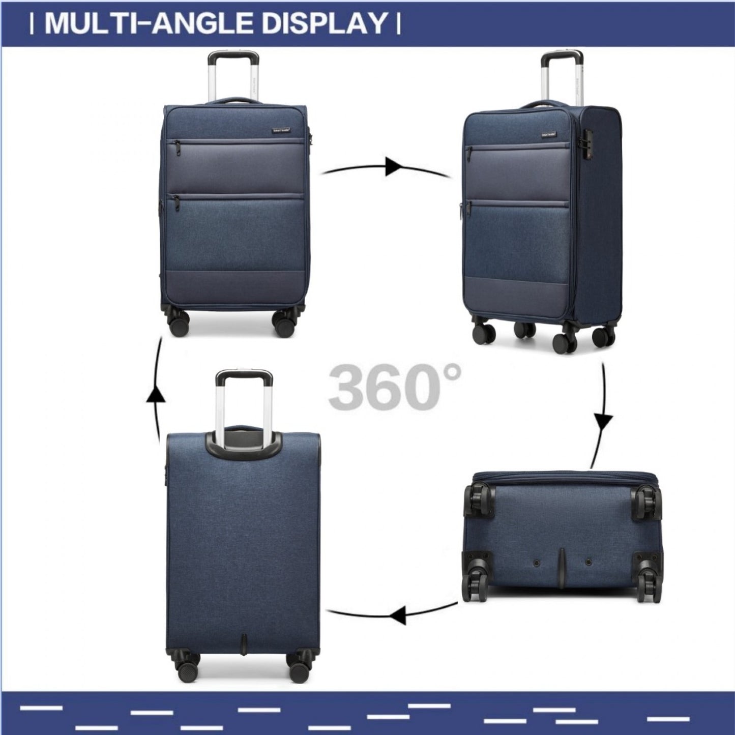 British Traveller Lightweight Cabin Suitcase with Soft Shell and Laptop Compartment (K2397L) - Navy