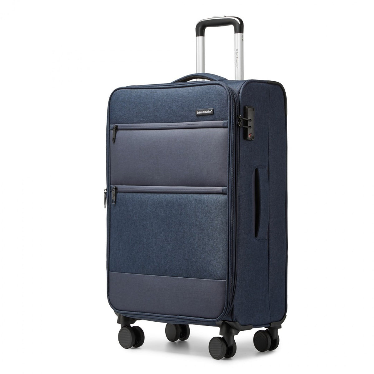 British Traveller Lightweight Cabin Suitcase with Soft Shell and Laptop Compartment (K2397L) - Navy