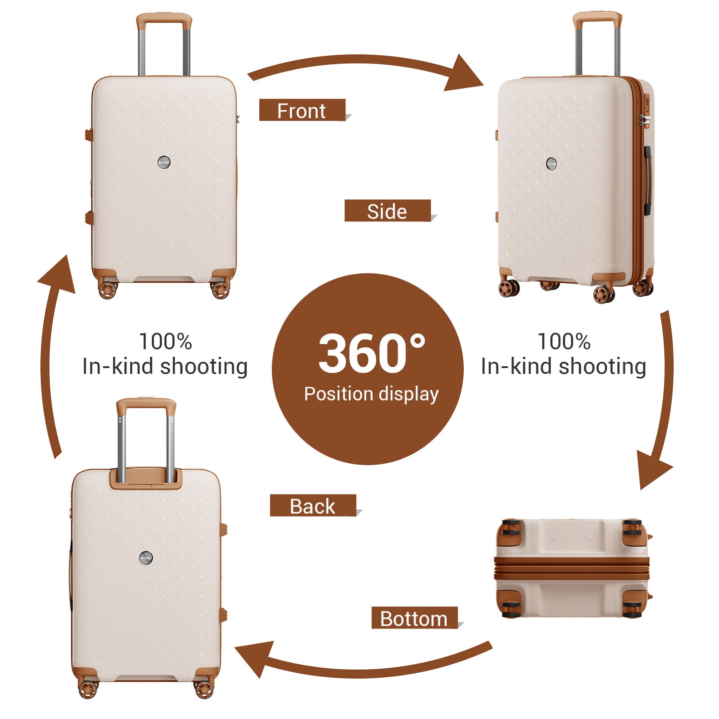 Kono PP Hard Shell Expandable Luggage-Lightweight Suitcase with TSA Lock & Built-in Cup Holder (KSK2594) - Beige & Brown