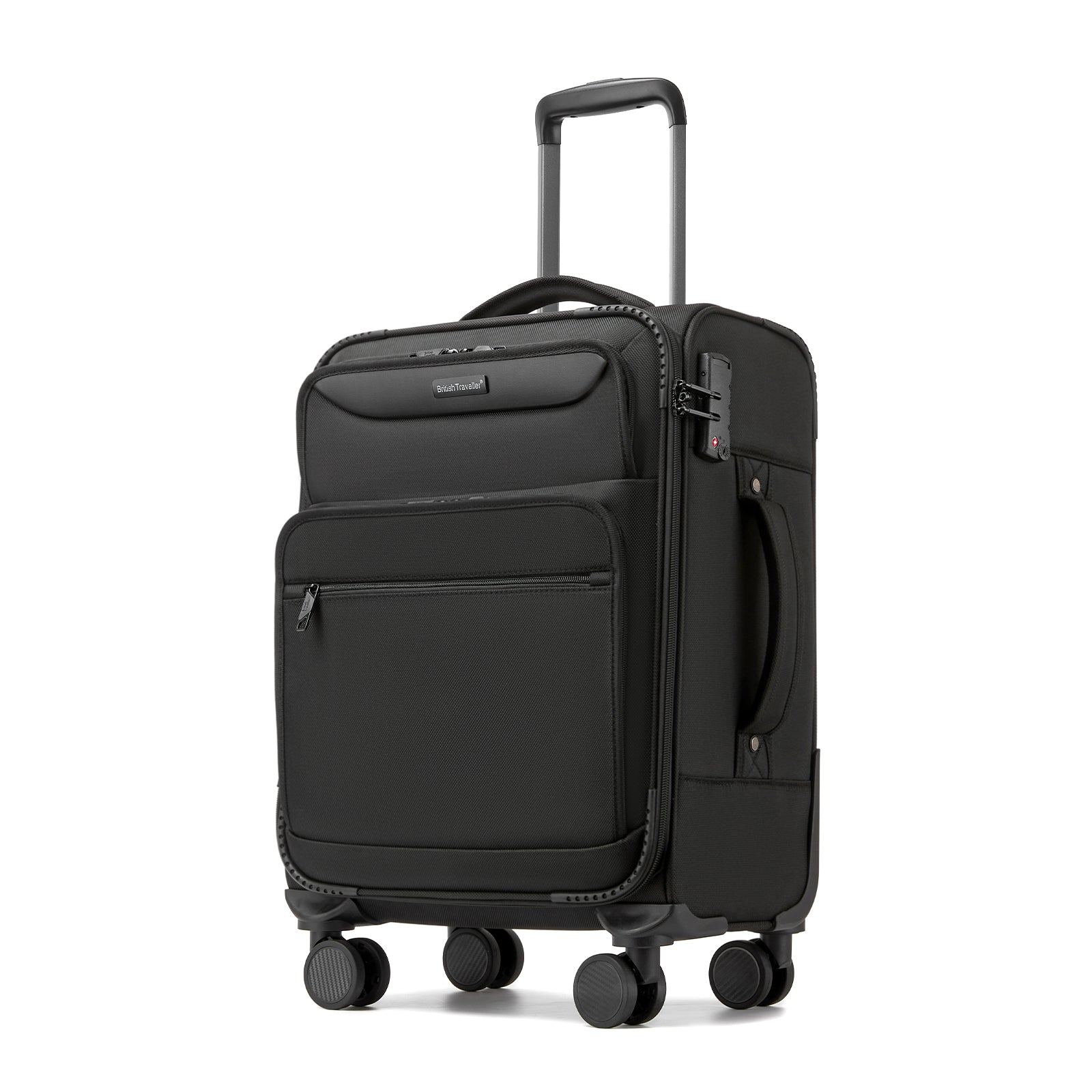 British Traveller Durable Softshell Suitcase with Front Laptop Compartment, TSA Lock & Silent Spinner Wheels (KSB2582) - Black