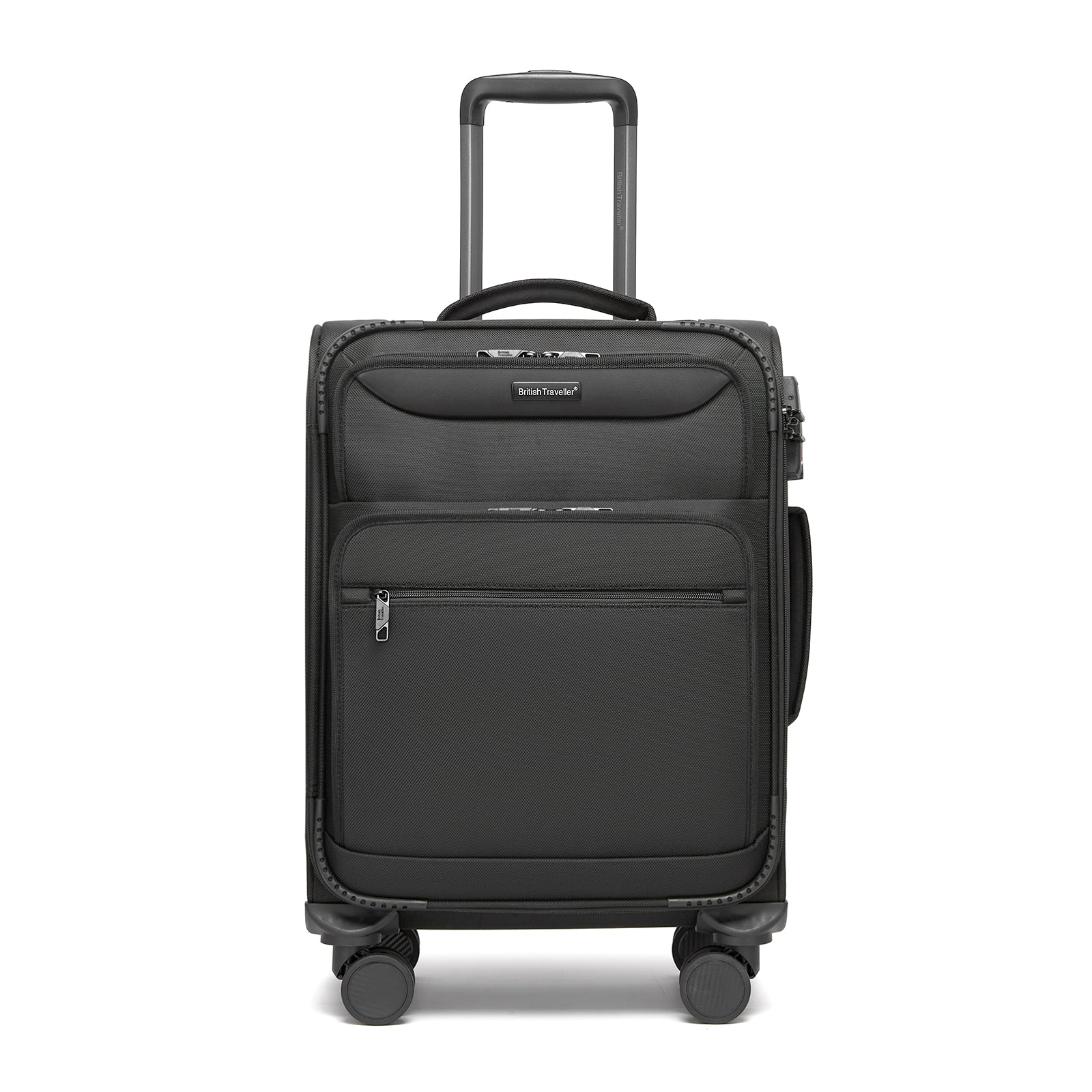 British Traveller Durable Softshell Suitcase with Front Laptop Compartment, TSA Lock & Silent Spinner Wheels (KSB2582) - Black