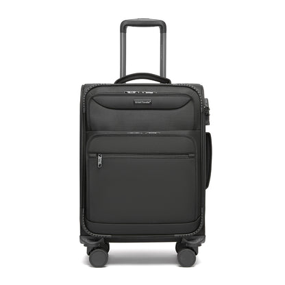 British Traveller Durable Softshell Suitcase with Front Laptop Compartment, TSA Lock & Silent Spinner Wheels (KSB2582) - Black