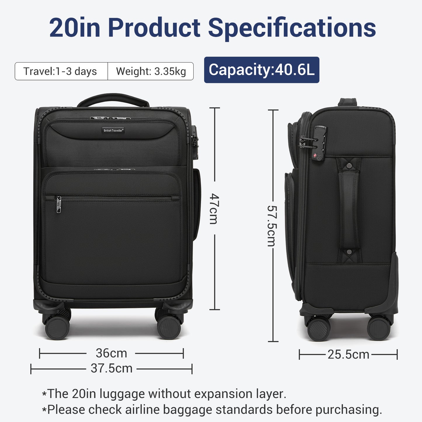 British Traveller Durable Softshell Suitcase with Front Laptop Compartment, TSA Lock & Silent Spinner Wheels (KSB2582) - Black