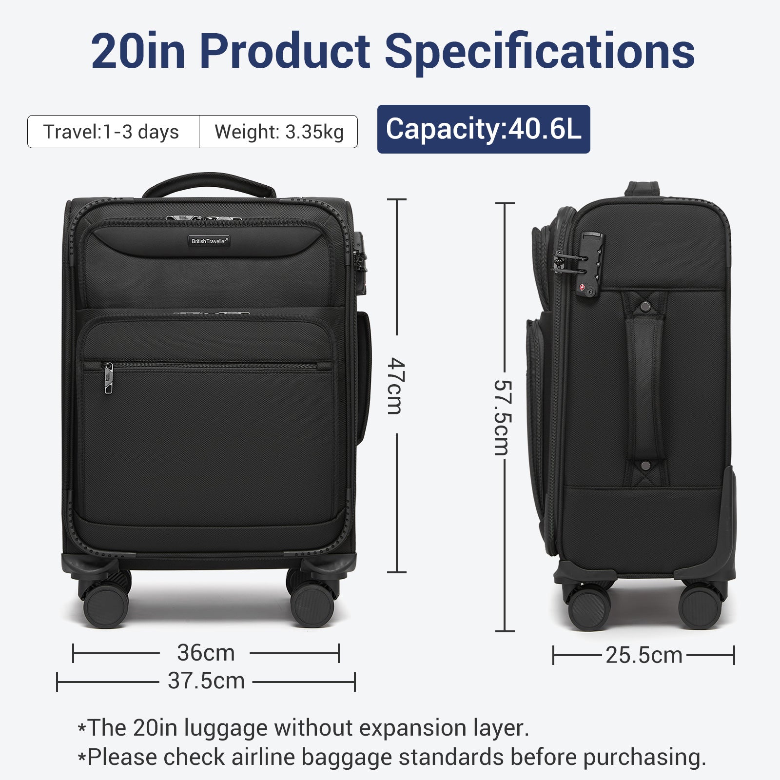 British Traveller Durable Softshell Suitcase with Front Laptop Compartment, TSA Lock & Silent Spinner Wheels (KSB2582) - Black