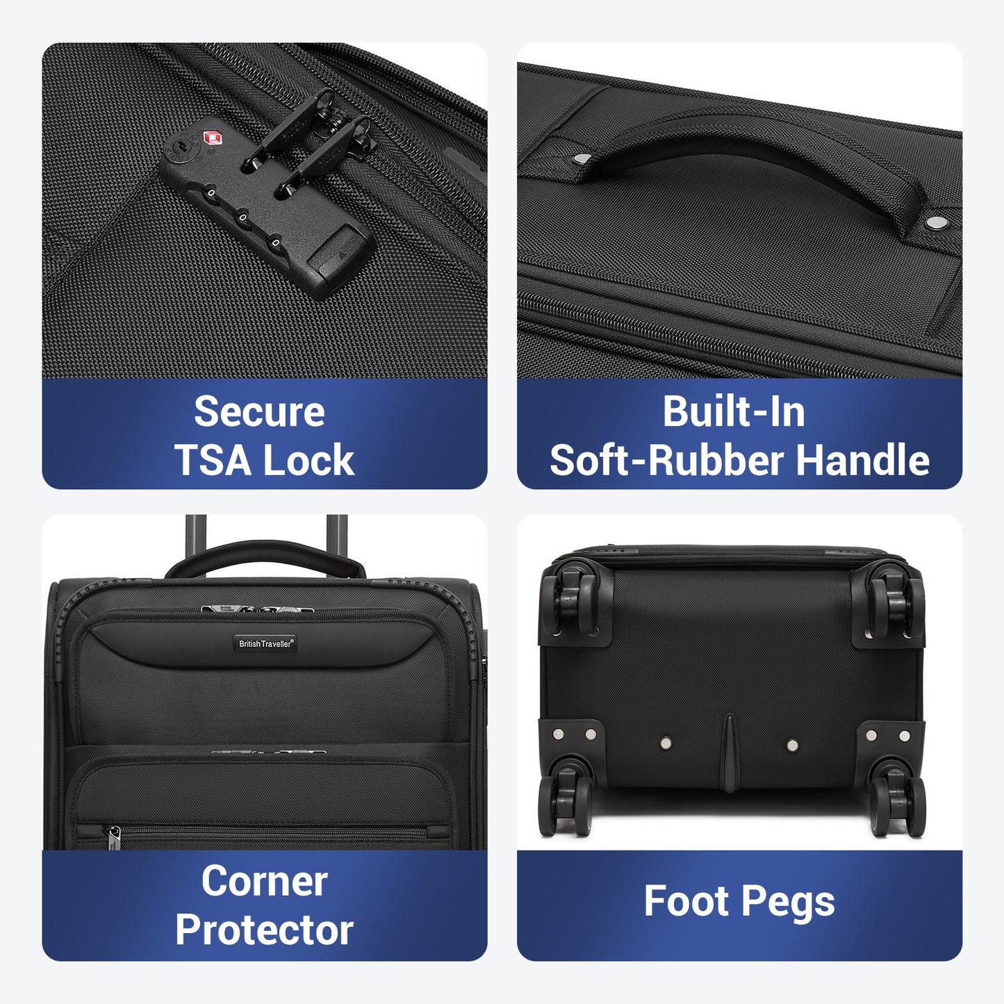 British Traveller Durable Softshell Suitcase 3-Piece Luggage Set (20/24/28 Inch) with Laptop Compartment (KSB2582) - Black