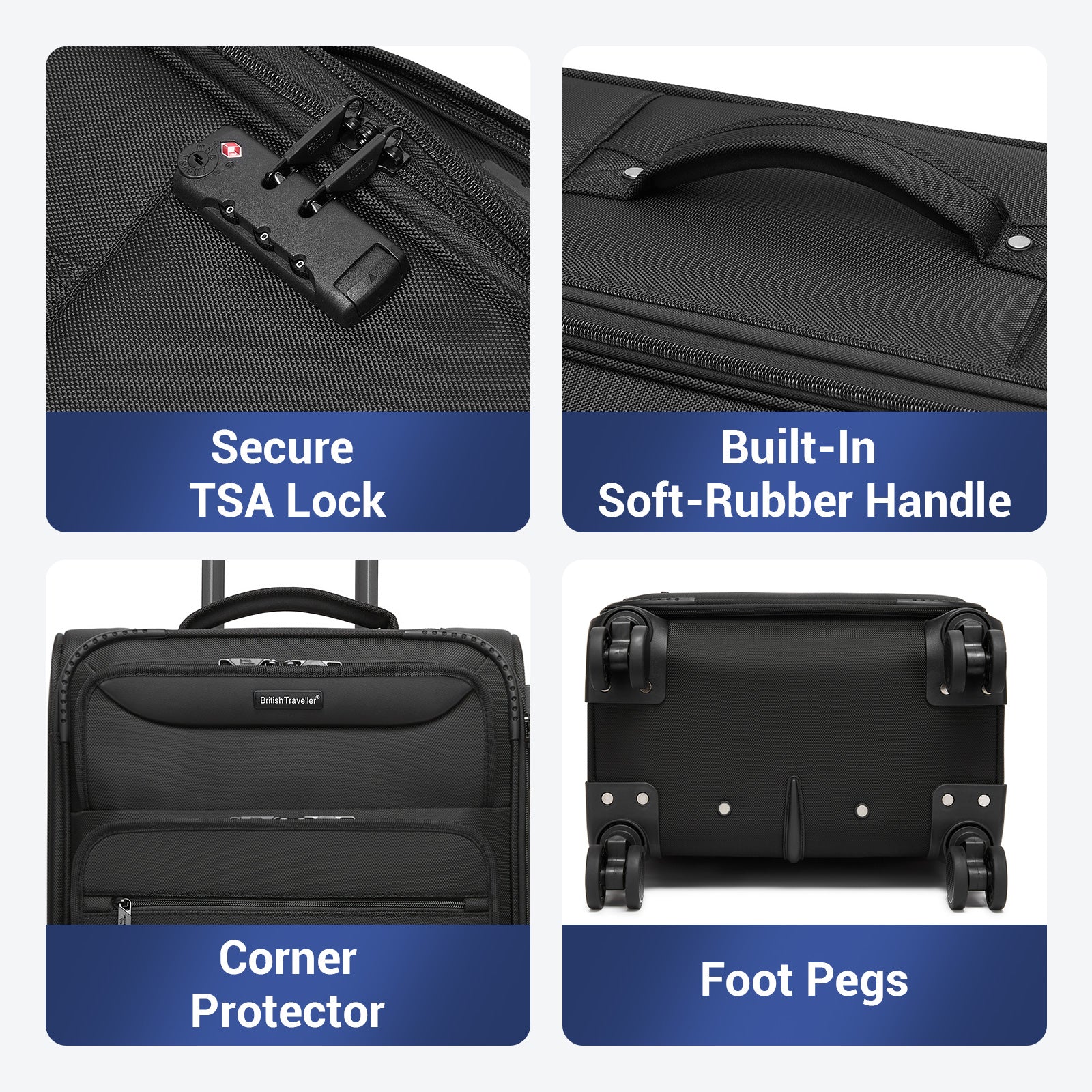 British Traveller Durable Softshell Suitcase 3-Piece Luggage Set (20/24/28 Inch) with Laptop Compartment (KSB2582) - Black